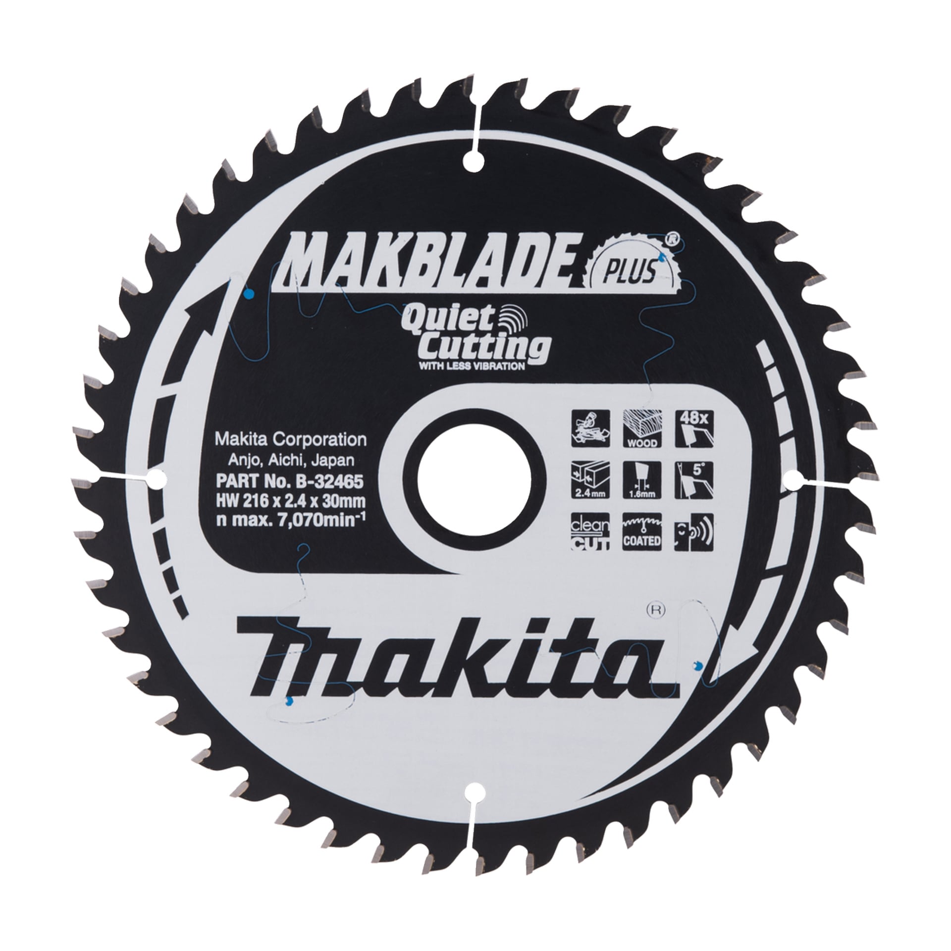 Makita cirkelsågsblad, MAKBLADE PLUS, 216 mm, 30 mm borrning, 48 tänder, max 7 700 varv per minut. Svart/silver med logotyper och ikoner.