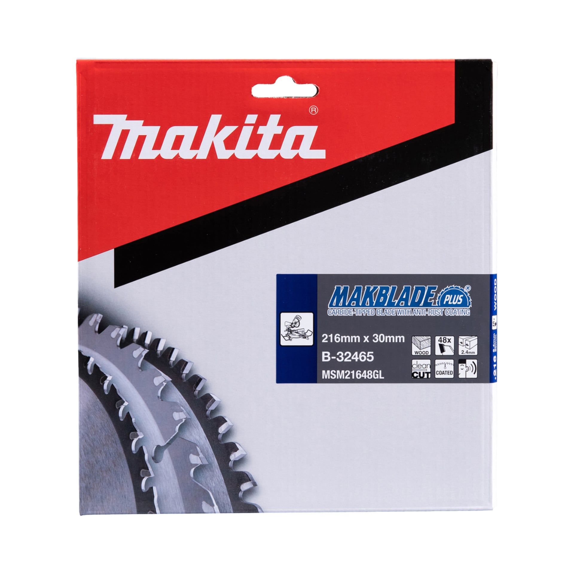 Makita Makblade Plus cirkelsågblad i förpackning, märkt 216 mm x 30 mm, modell B-32465, med detaljer och säkerhetsikoner framtill.