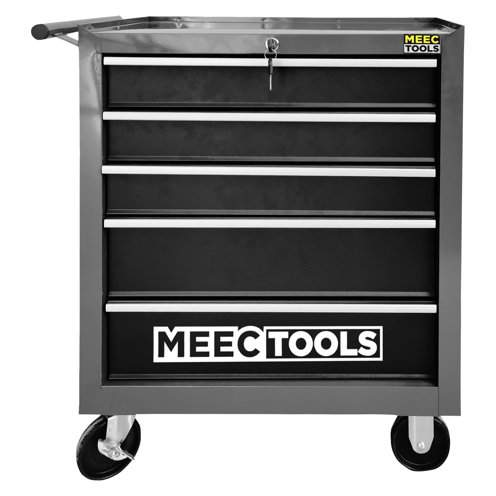 Czarno-szary kółkowy skrzyni narzędziowy MEEC Tools z pięcioma szufladami, bocznym uchwytem, czterema kółkami, zamkiem i logo MEEC Tools z przodu.