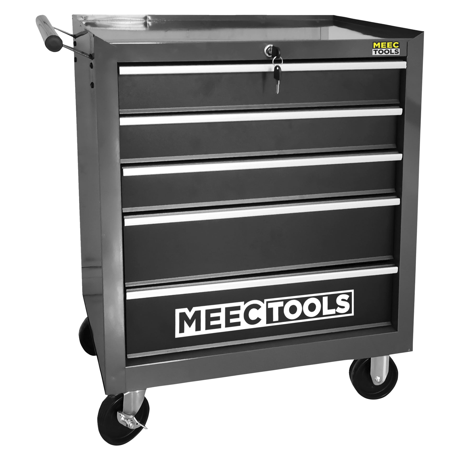 metalowa skrzyni narzędziowa MEEC TOOLS z pięcioma szufladami, zamkiem na górze, czterema kółkami oraz widocznymi logotypami MEEC TOOLS.