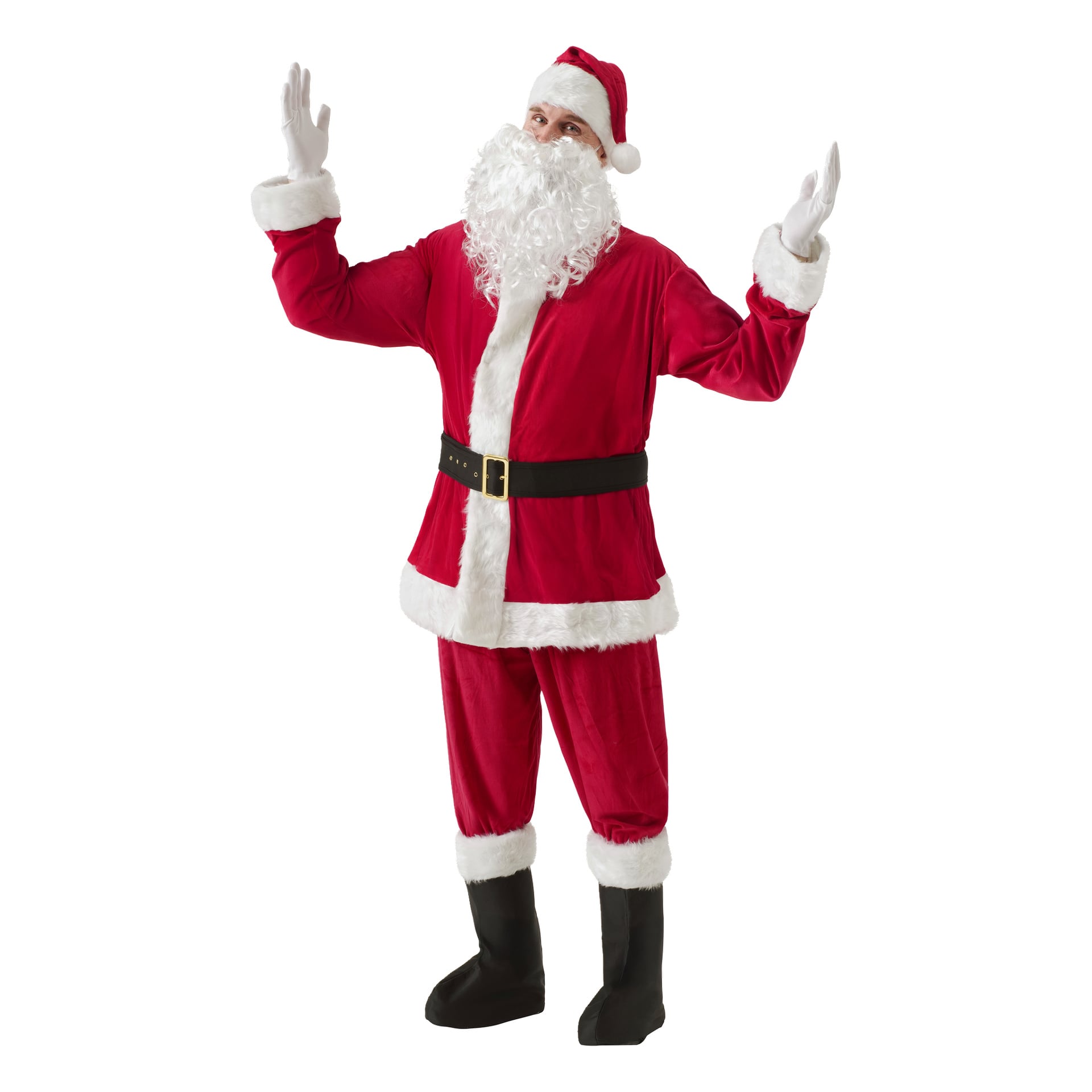 Någon utklädd till jultomte, komplett med röd hatt, vitkantad kostym, svart bälte och stövlar, höjer armarna och tittar uppåt.