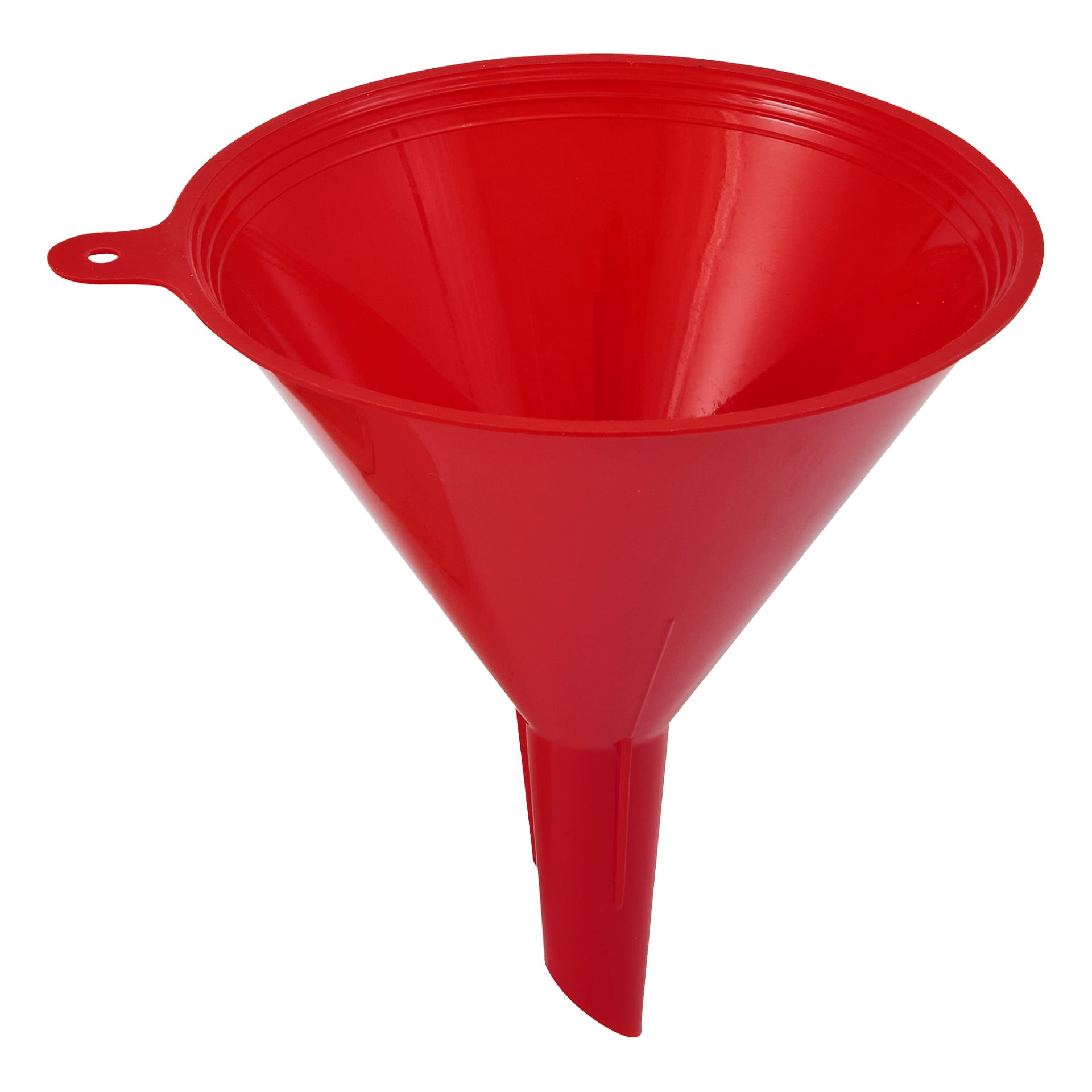 Röd plasttratt, med bred topp och smal pip, designad för att hälla vätskor eller pulver i smala behållare.