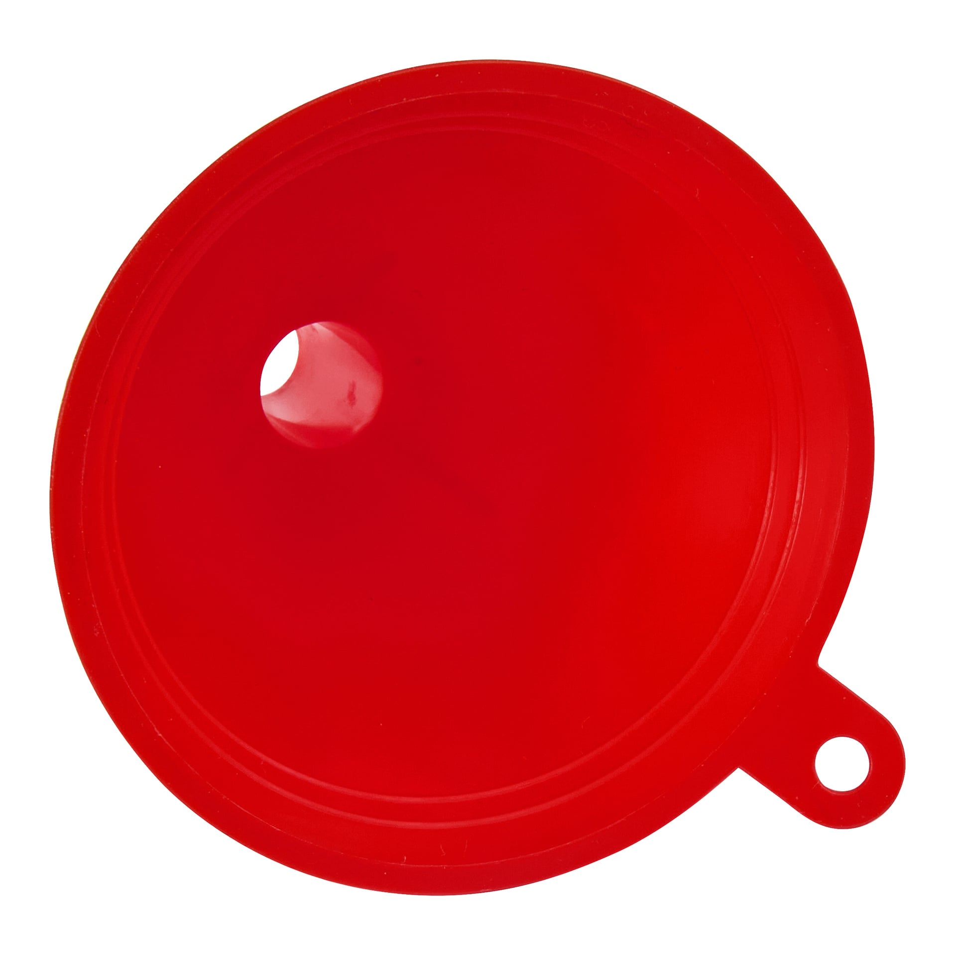 Röd plasttratt, sedd uppifrån, med ett brett cirkulärt topp, smal pip och en hängflik med hål.