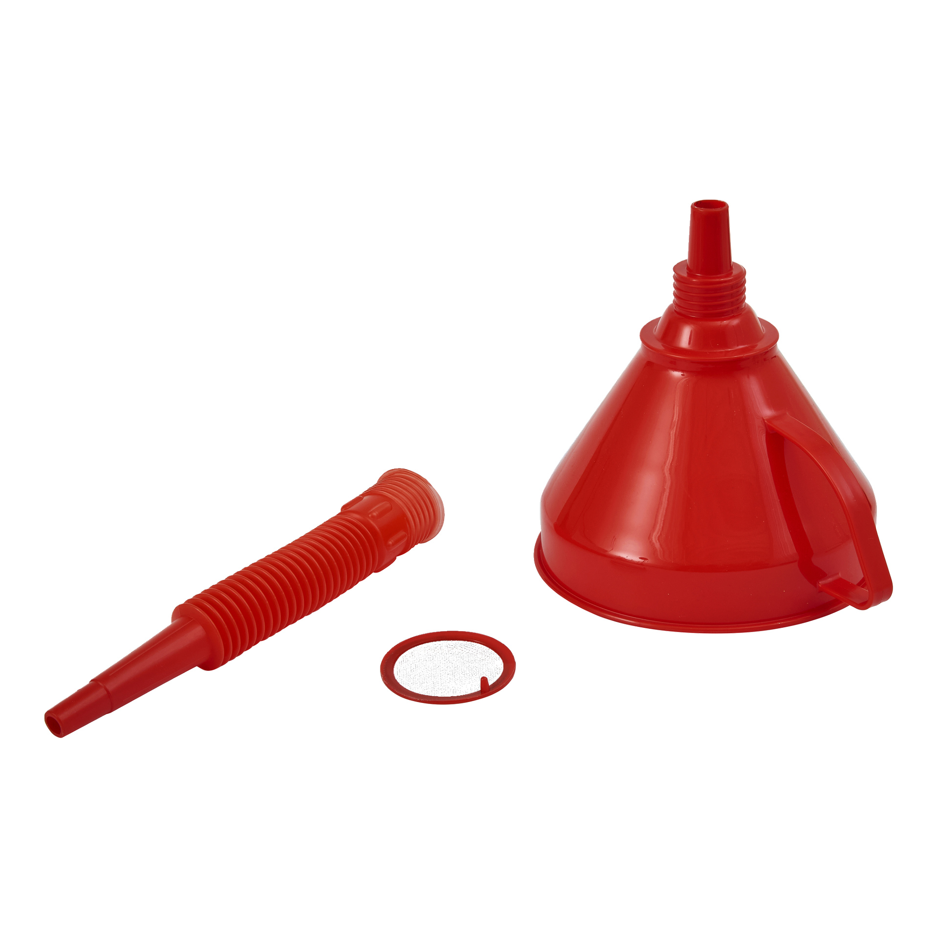 En röd plasttratt med handtag, avtagbar flexibel pip och ett runt metallnätfilter.