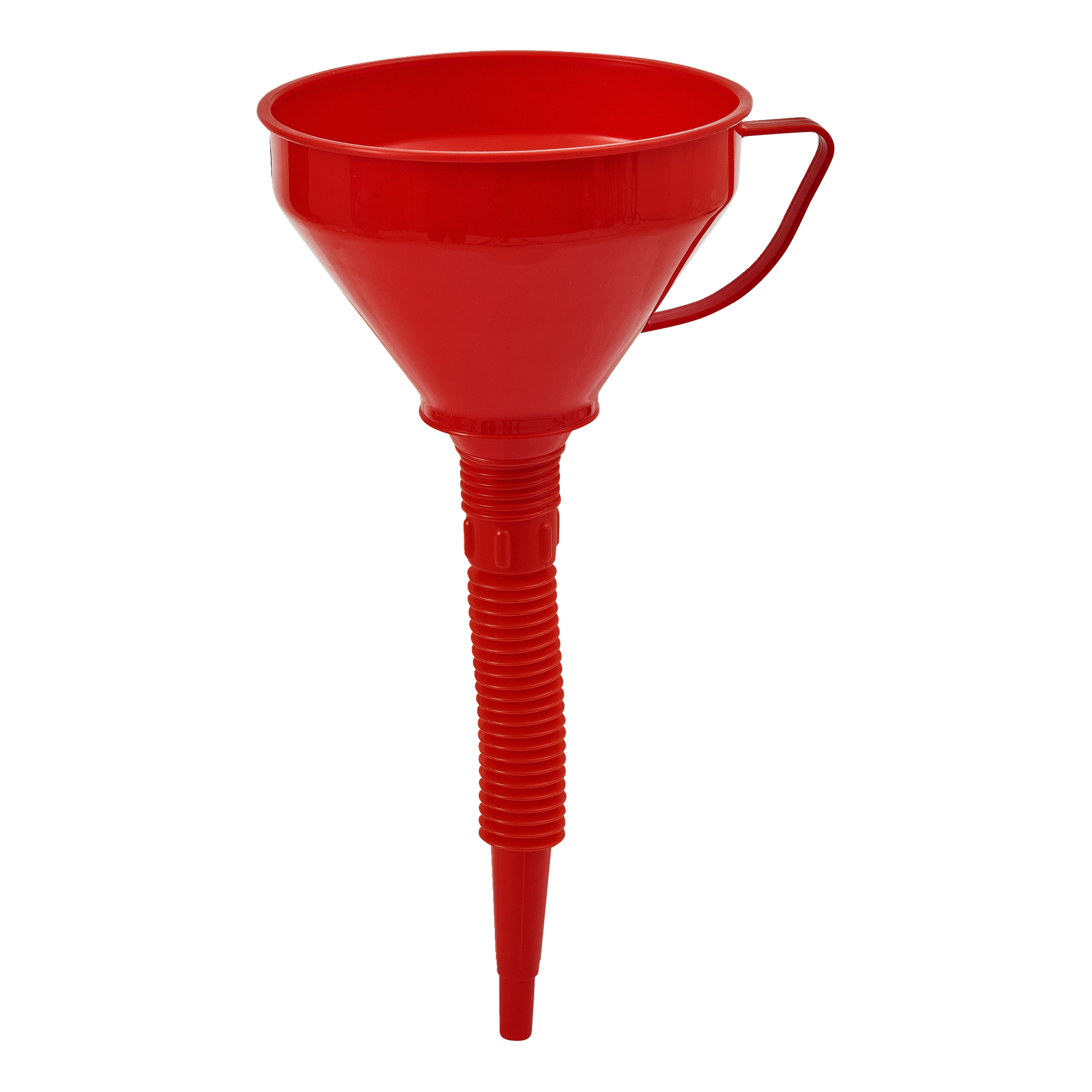 En röd plasttratten står upprätt, med en bred öppning, smal räfflad utlopp och ett handtag på sidan.
