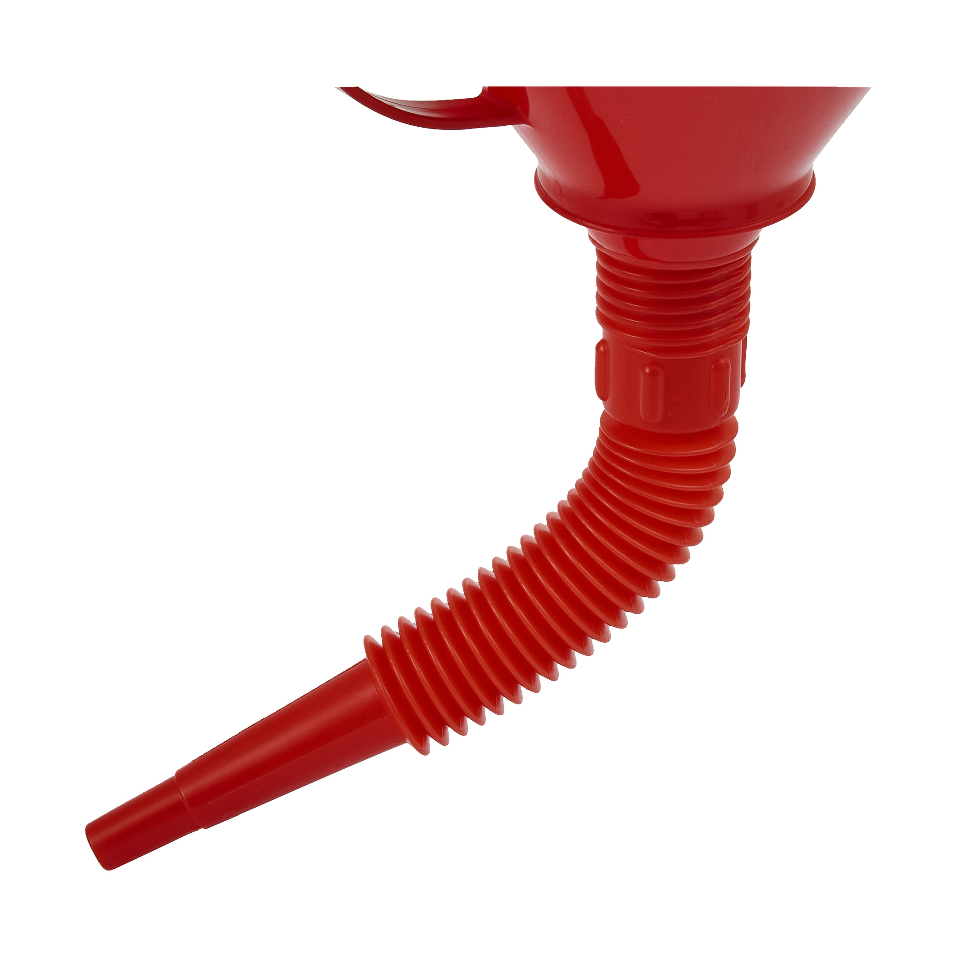 Röd plasttratt med en ribbad, flexibel pip för att hälla vätska i smala behållare.