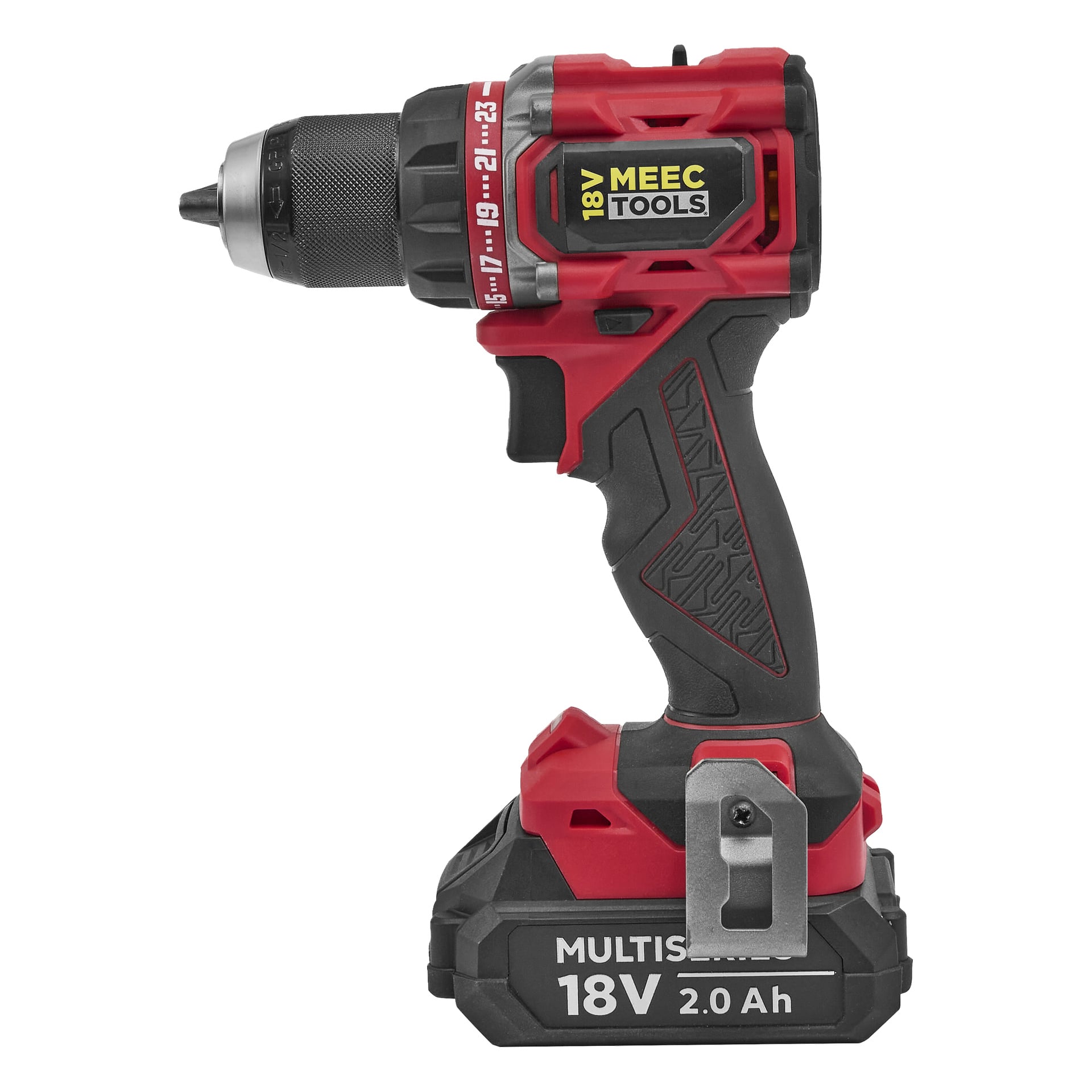 Röd och svart MEEC TOOLS sladdlös borrmaskin med 18V 2.0Ah batteri, texturerat handtag och en silverfärgad bältesklämma på sidan.