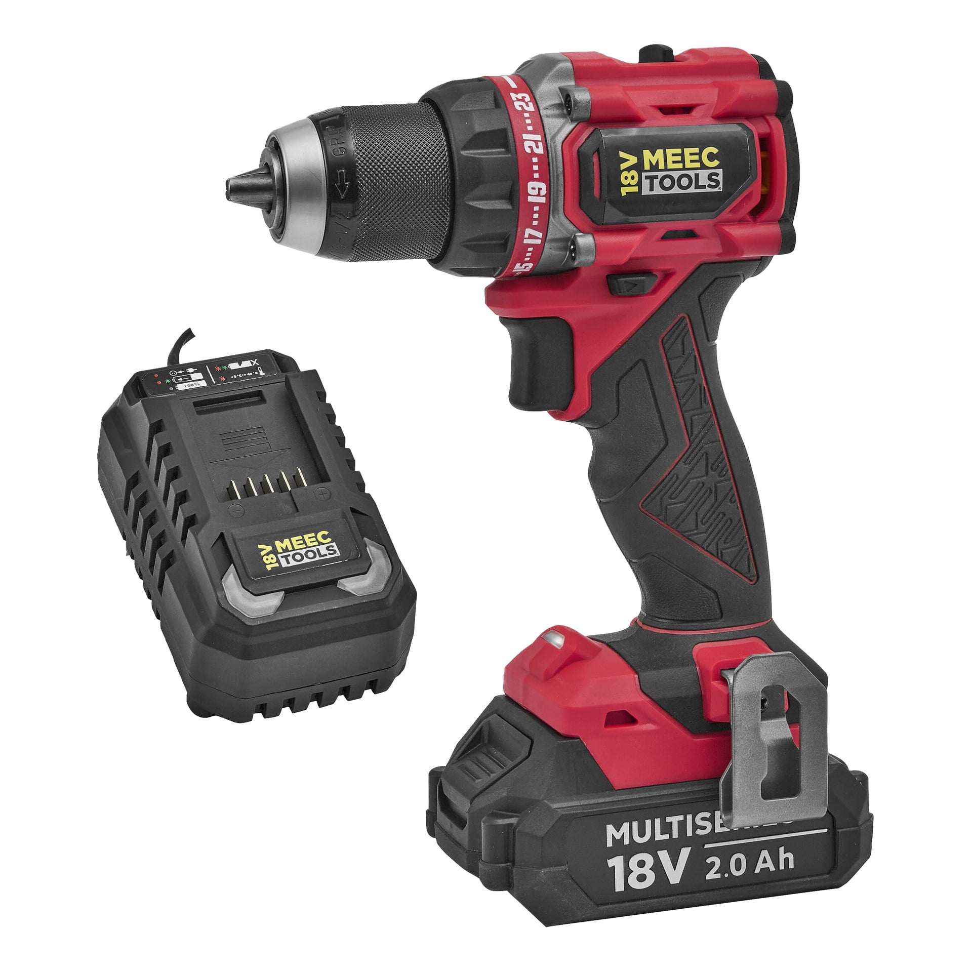 En röd och svart Meec Tools 18V sladdlös elektrisk borrmaskin med ett 2,0 Ah-batteri anslutet, och dess batteriladdare bredvid.