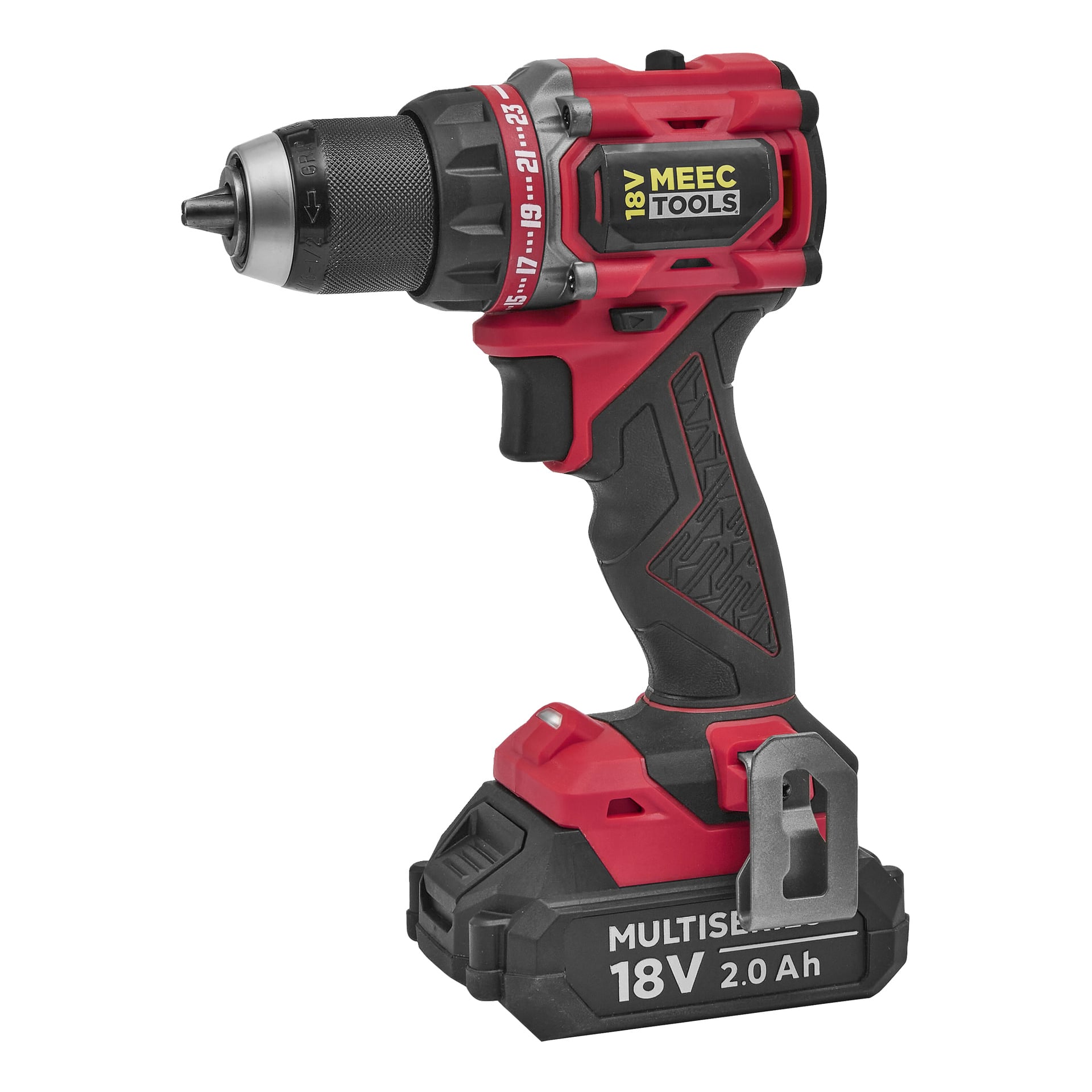 Röd och svart sladdlös borrmaskin med MEEC TOOLS-märkning, 18V 2.0 Ah-batteri, metallbältesklämma, texturerat handtag och justerbara inställningar.
