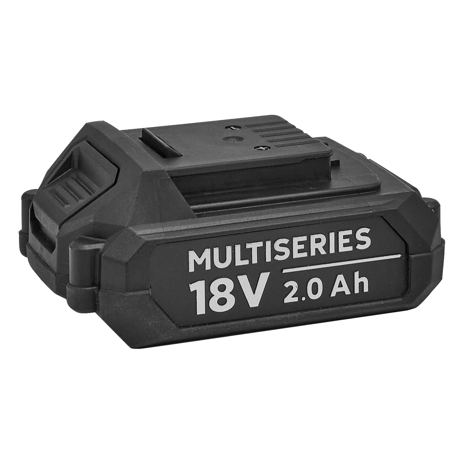 Rektangulärt svart uppladdningsbart batteri märkt MULTISERIES 18V 2.0 Ah, med en synlig kontaktplats på ovansidan.