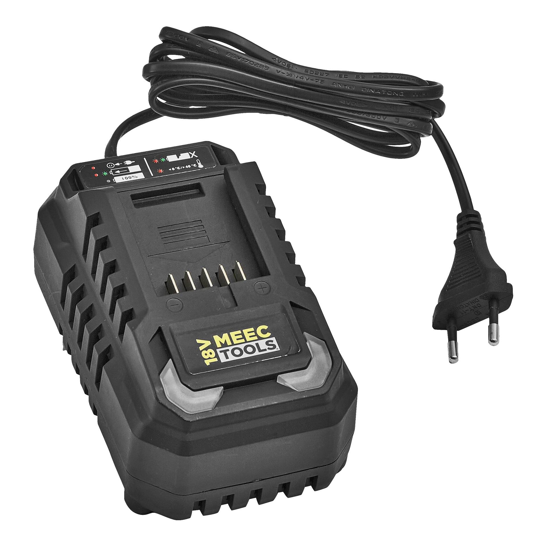 En svart Meec Tools 18V batteriladdare med indikatorlampor och en strömkabel med en tvåpolig europeisk kontakt.