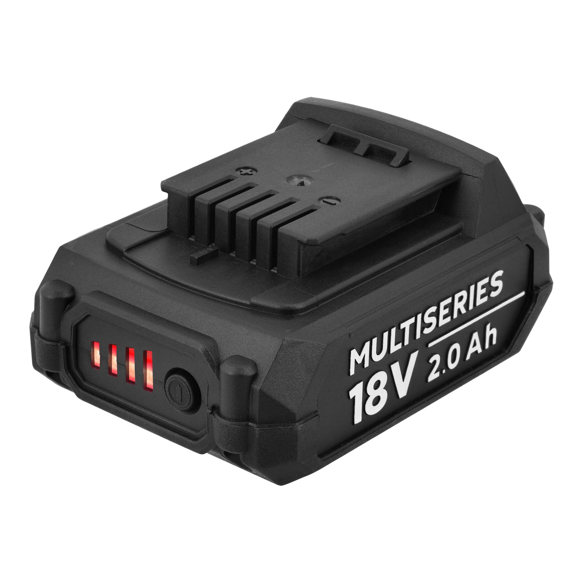 Ett svart 18V 2,0Ah uppladdningsbart batteri märkt MULTISERIES på sidan, med fyra röda LED-indikatorer i ena änden.