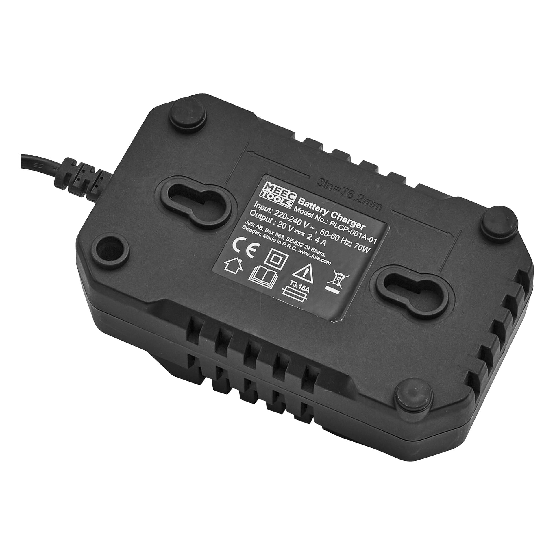 En svart MEEC Tools batteriladdare har vita tekniska specifikationer, etiketter och certifieringsikoner ovanpå, med en sladd och sidoventiler.