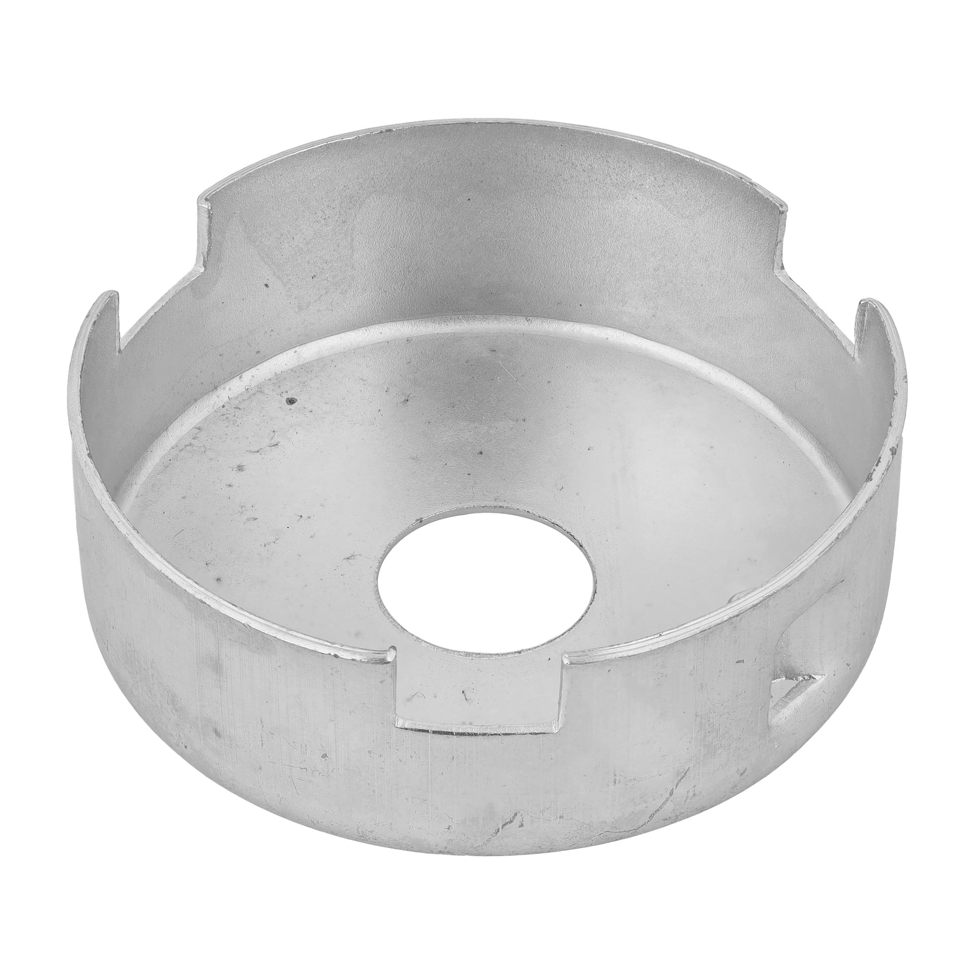 Cirkulärt silverspindelfjäderskydd med tre övre hack, ett centralt bashål och en repad och slät yta.