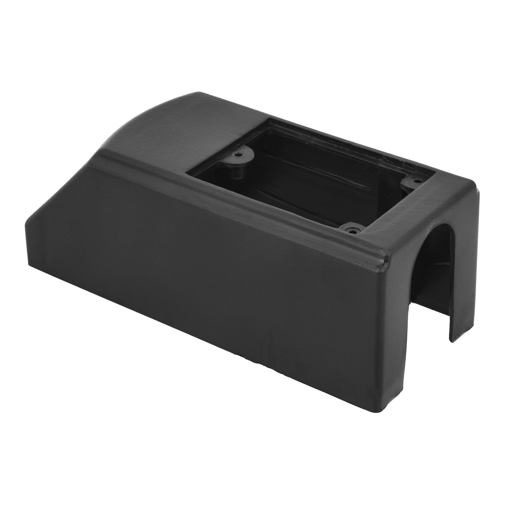 Svart plastsäkringslock med öppet rektangulärt fack och sidoutskärning, byggd för att skydda elektroniska komponenter.