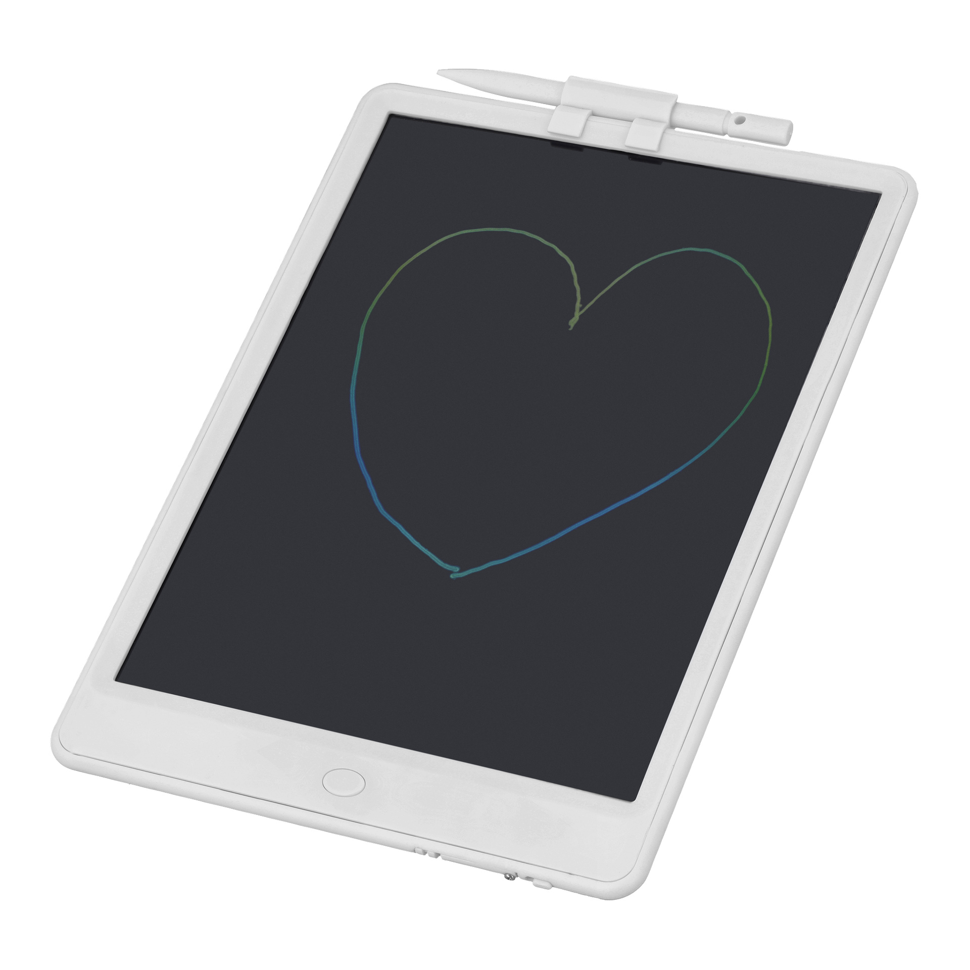 Vit LCD-skrivplatta med en toppmonterad stylus, som visade ett flerfärgat hjärta skissat på skärmen.