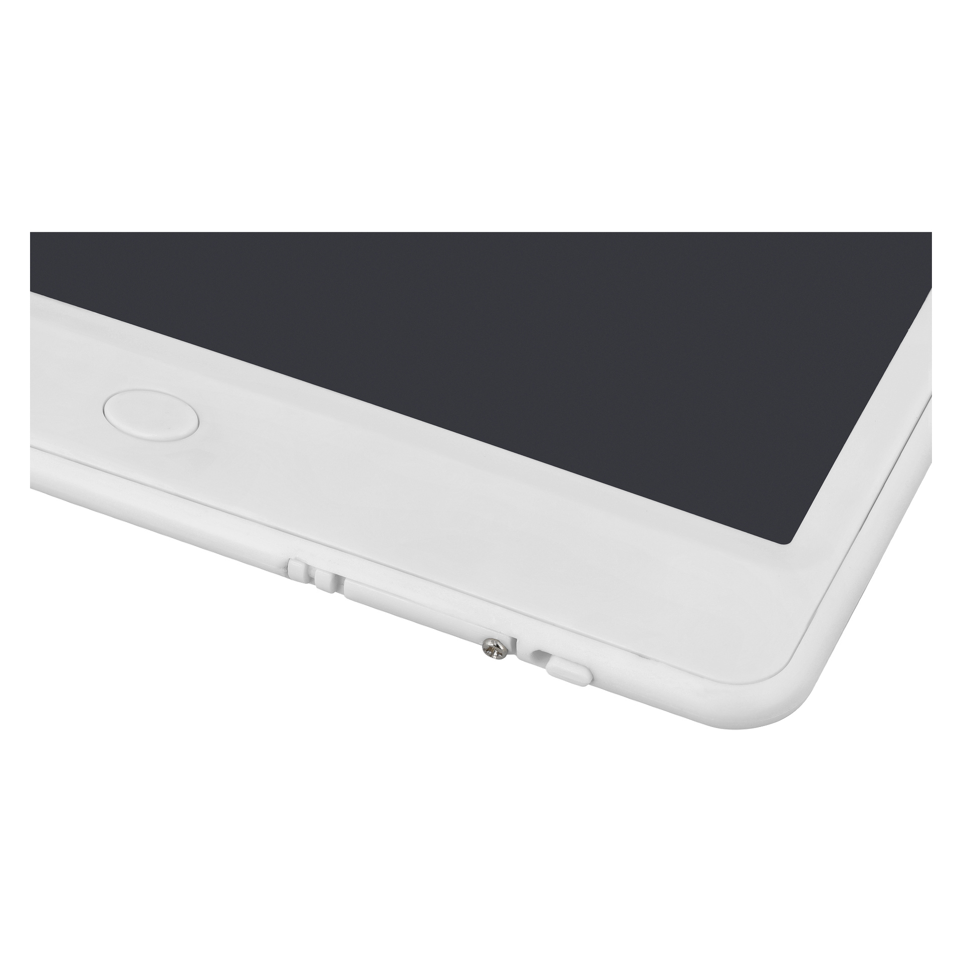 Närbild på en vit surfplattas nedre hörn, som visar en del av skärmen, hemknappen och SIM-kortsfacket.