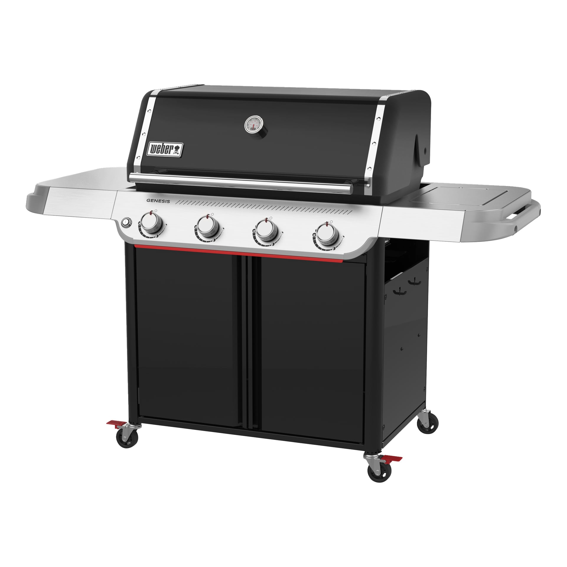Czarno-srebrny grill gazowy Weber Genesis z czterema gałkami, termometrem pokrywy, podwójnymi półkami bocznymi, szafką do przechowywania oraz kołami kółkowymi.