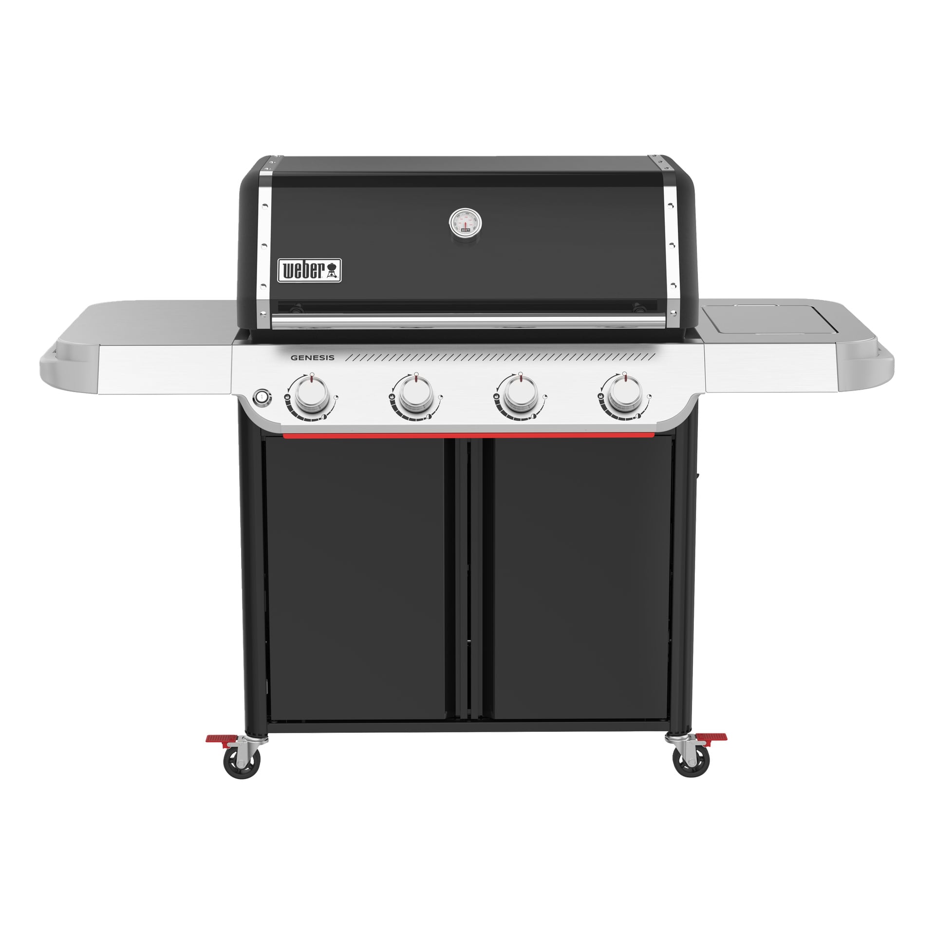 Czarno-srebrny grill gazowy Weber Genesis z czterema gałkami sterującymi, termometrem na okap, półkami bocznymi i szafką do przechowywania poniżej.