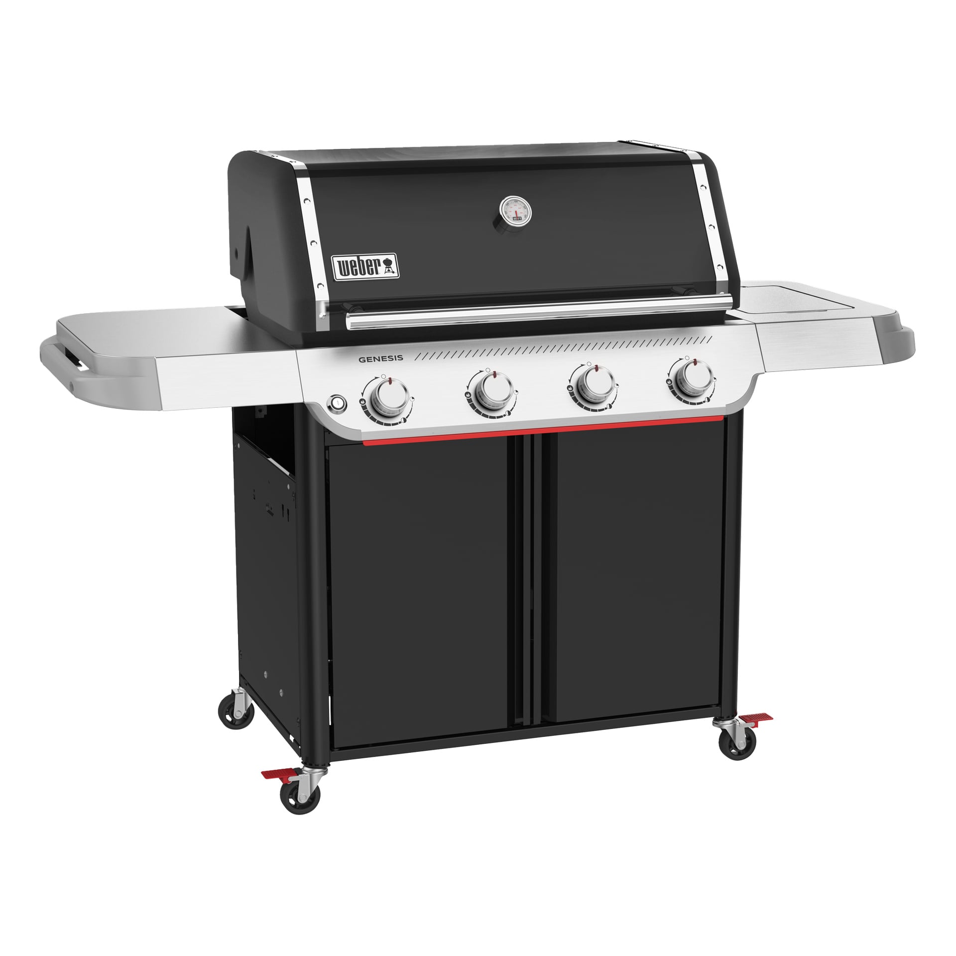 Czarno-srebrny grill gazowy Weber Genesis z czterema pokrętłami, termometrem pokrywy, dwoma półkami bocznymi i czterema kółkami ułatwiającymi ruch.