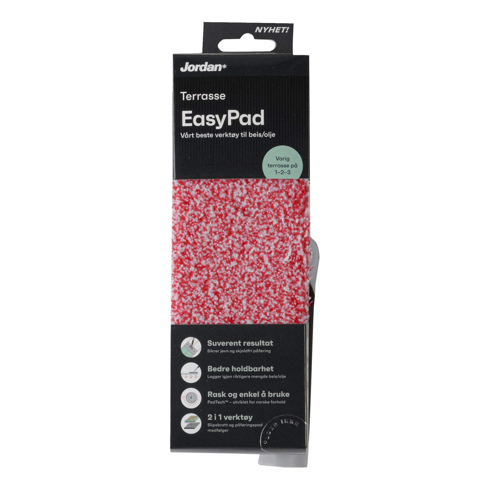 En pakke med Jordan Terrasse EasyPad, en rød og hvit pute for å påføre beis eller olje på terrasser, i svart emballasje med produktinformasjon.