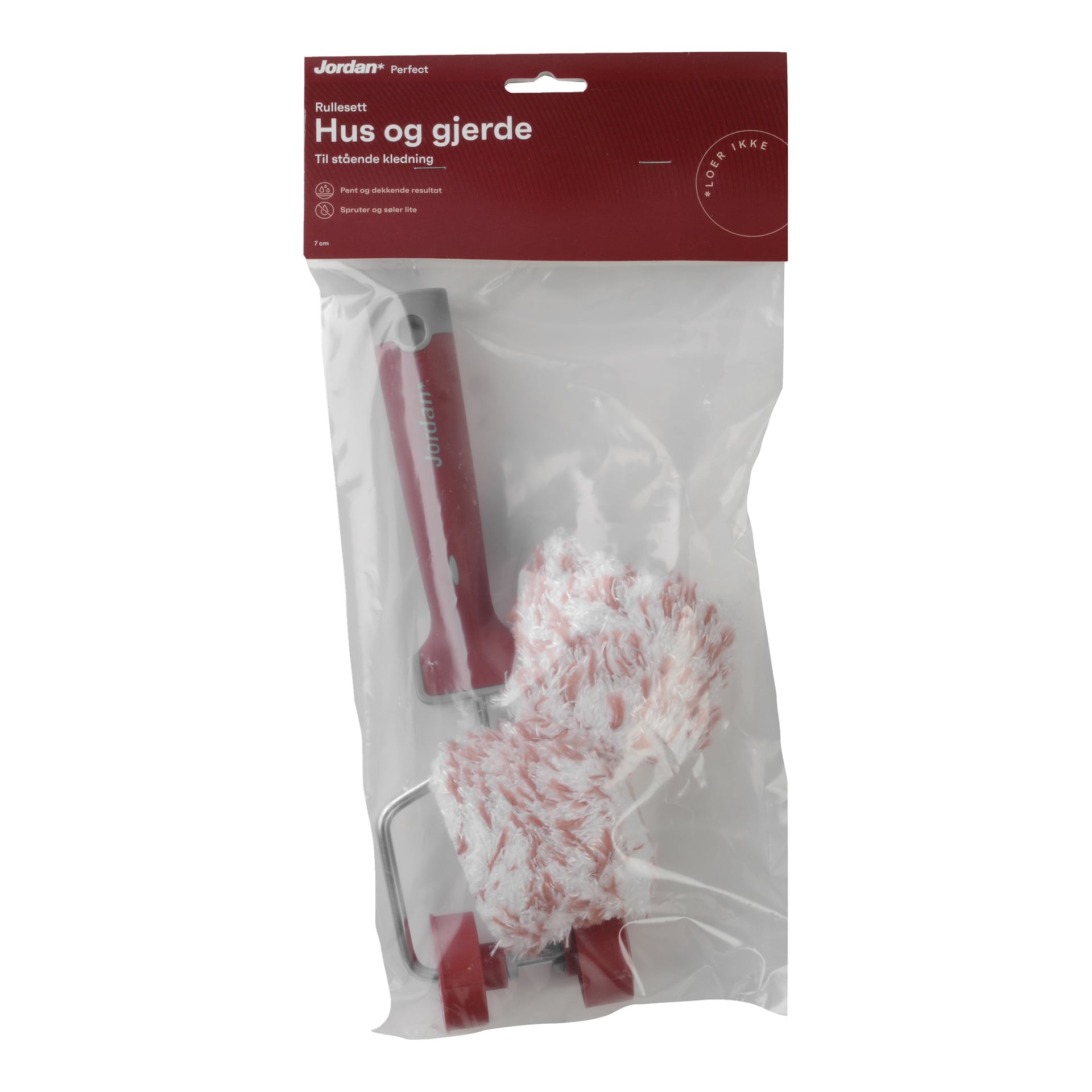 Et malerrullesett i en klar plastpakke merket Jordan Perfect, inkludert en rulle med rødt håndtak og et hvit-rødt fiberdeksel.