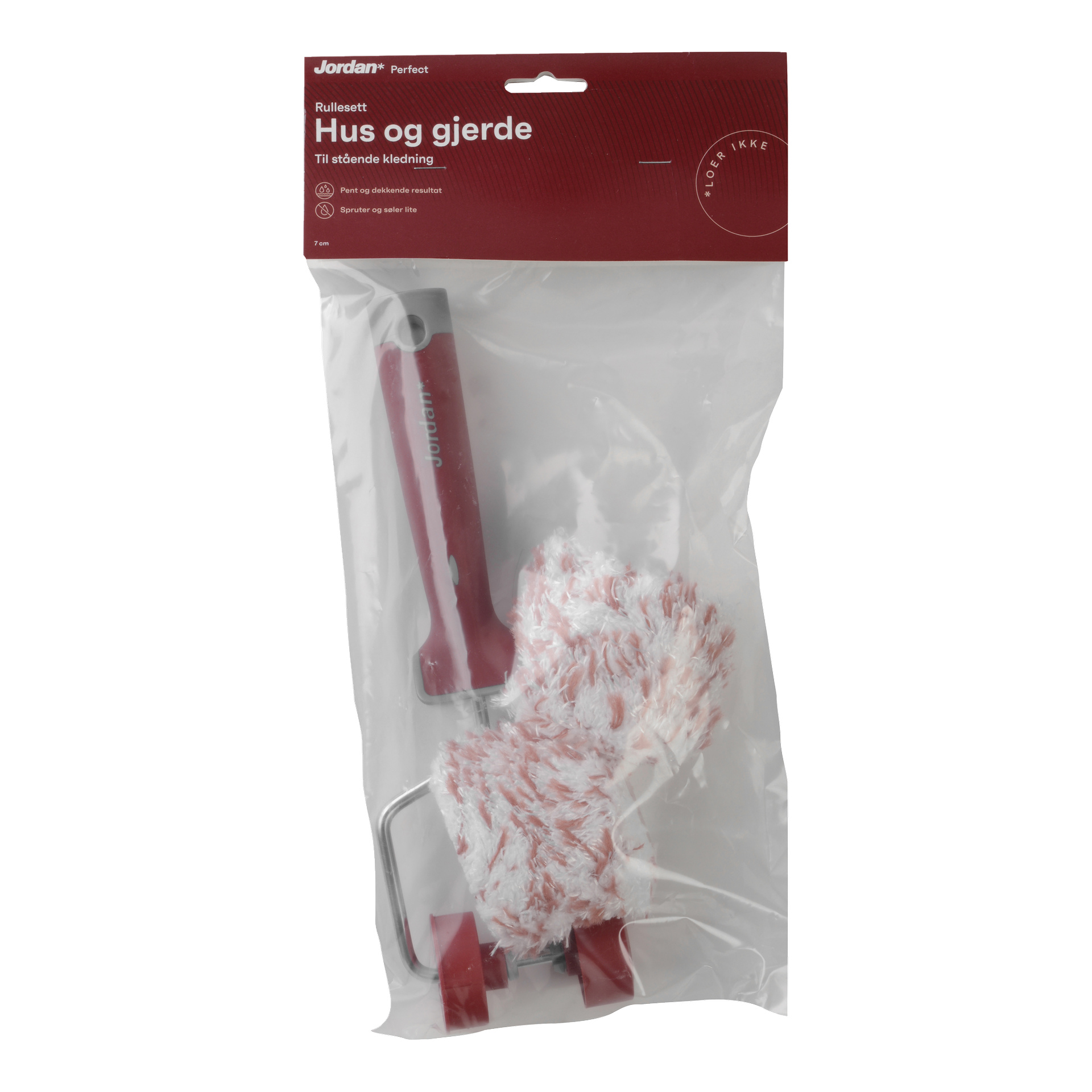 Et malerrullesett i en klar plastpakke merket Jordan Perfect, inkludert en rulle med rødt håndtak og et hvit-rødt fiberdeksel.