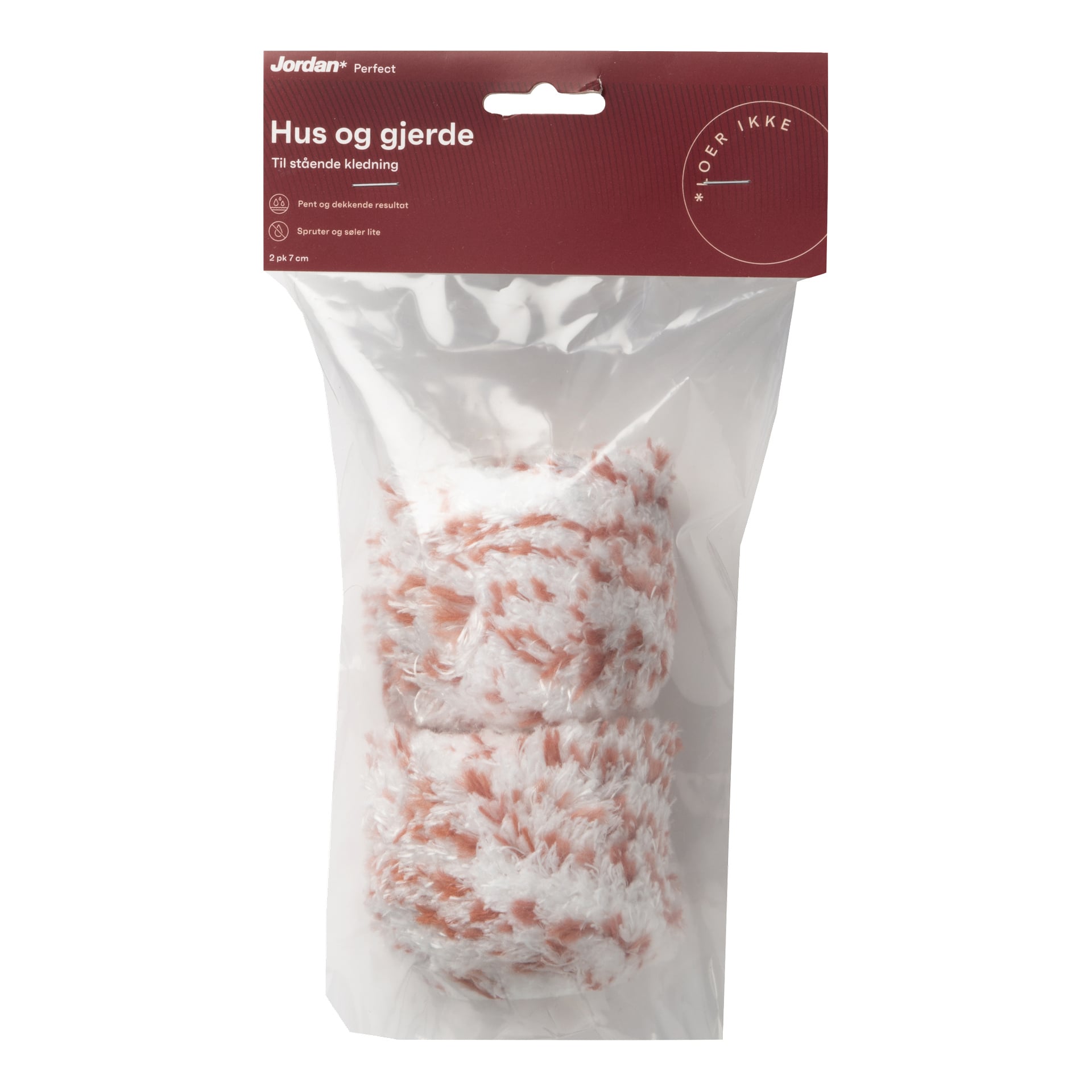 En klar plastpakke rommer to myke, runde malingsruller med hvite og røde fibre. Pakken har en rød etikett og en hvit logo øverst til venstre.