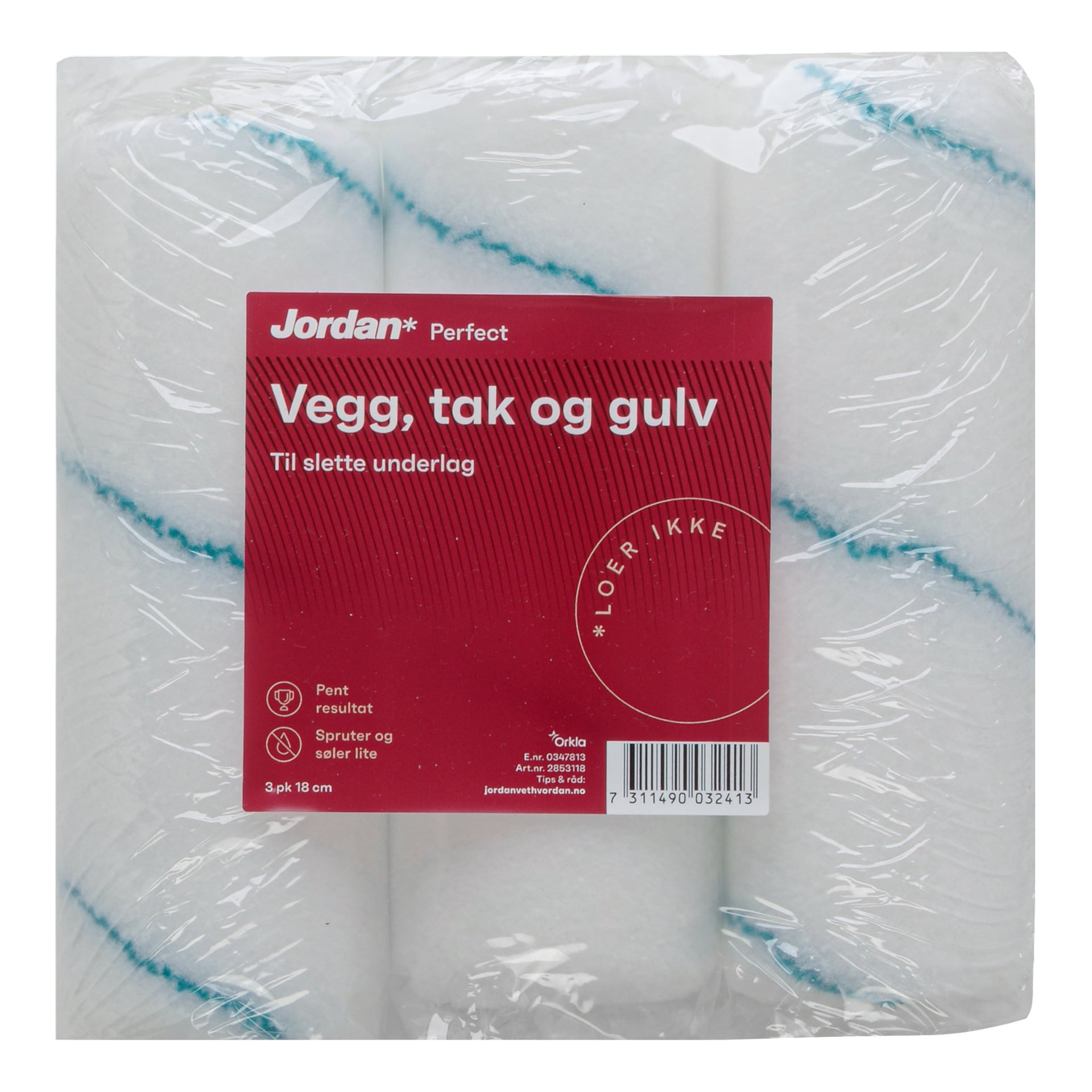 Tre hvite malingsruller med blå striper er i klar plastemballasje. En rød etikett sier Jordan Perfect Vegg, tak og gulv, pluss detaljer og en strekkode.