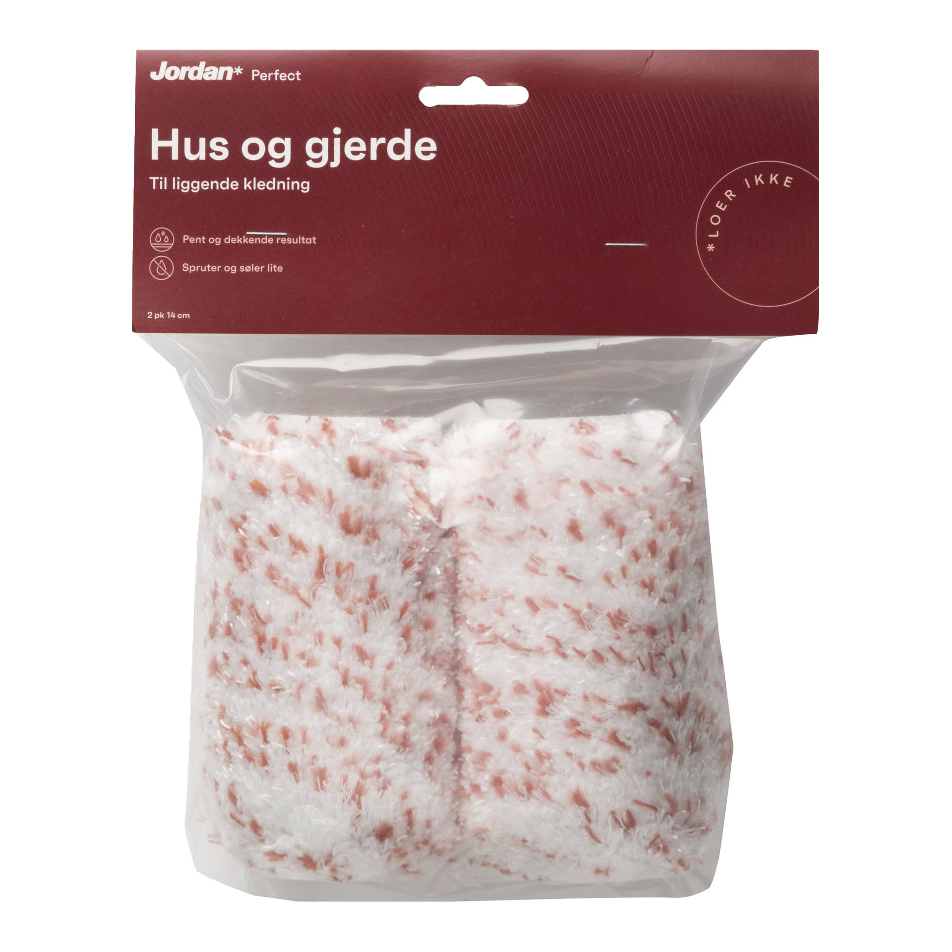 En pakke med Jordan-malingsruller merket Hus og gjerde. De hvite rullene med røde fibre vises gjennom gjennomsiktig plastemballasje. Etiketten er burgunder med hvit tekst.
