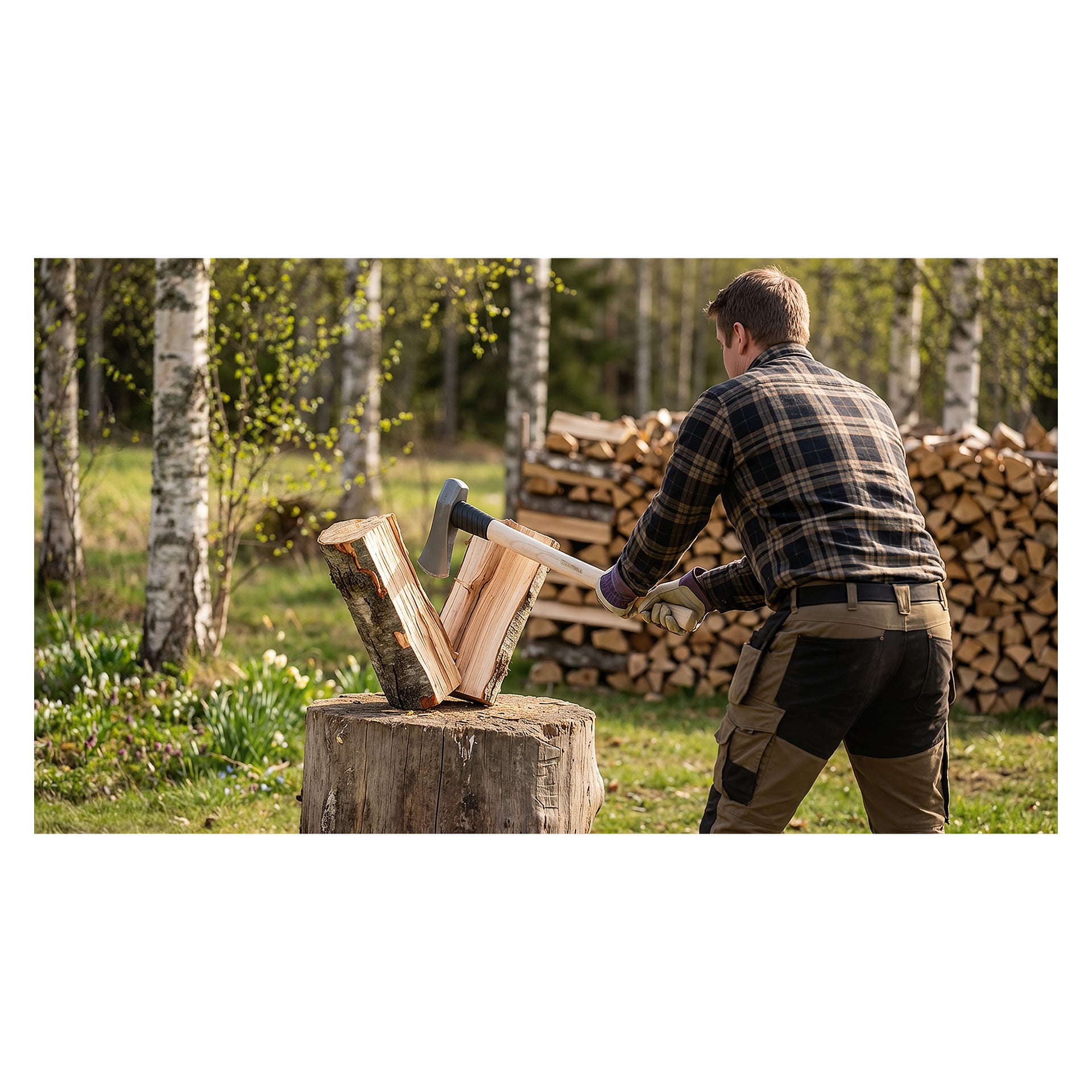 Iklädd en rutig skjorta och handskar hugger man en stock med en yxa på en stubbe utanför. Vedhögar och träd bakom.