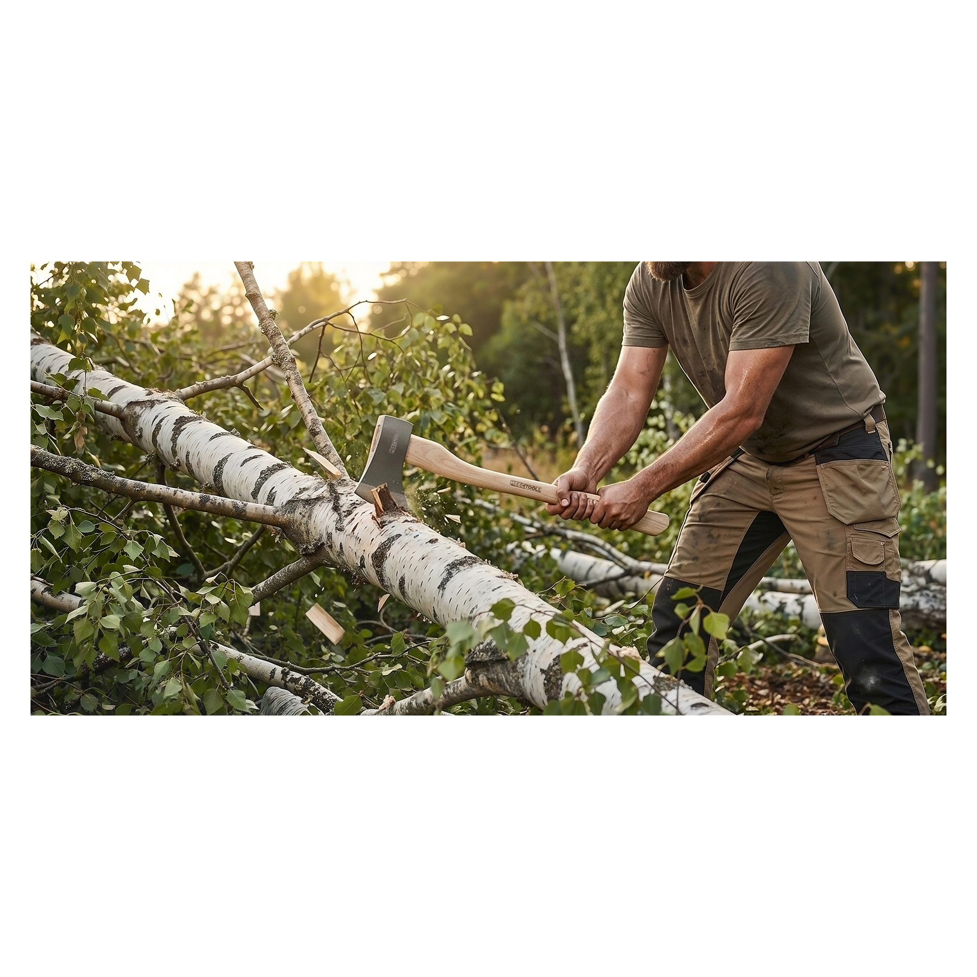 Jemand in einem grünen T-Shirt und beigefarbenen Arbeitshosen hackt eine umgestürzte Birke mit einer Axt zwischen laubreichen Ästen im sonnenbeschienenen Wald.