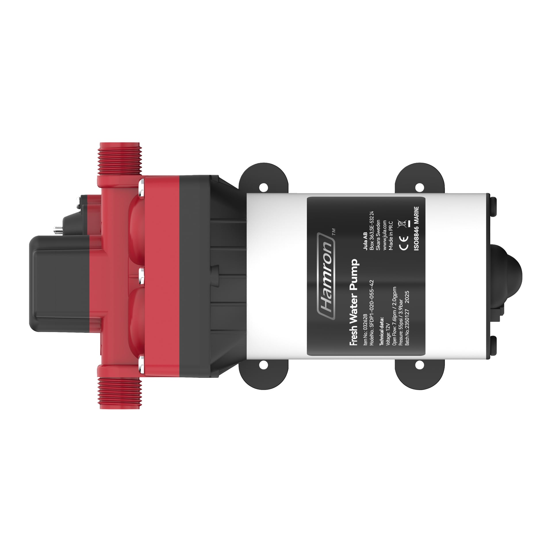 En Hamron helautomatisk tryckvattenpump med vit och röd kropp, svarta ändkapslar och en specifikationsetikett. Pumpen är horisontellt orienterad och har synliga in- och utloppsportar.