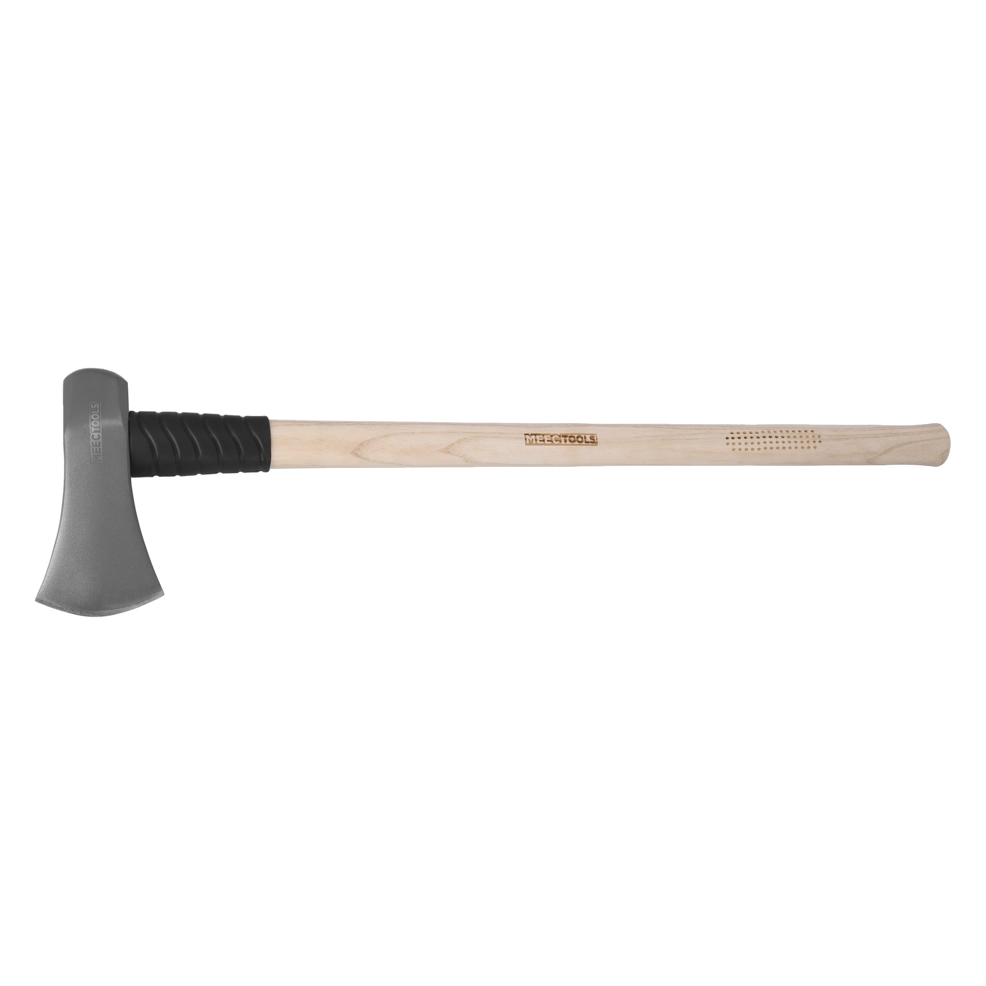 En metallyxa med ett trähandtag med svart gummigrepp nära toppen; handtaget visar en logotyp med TREE TOOLS.