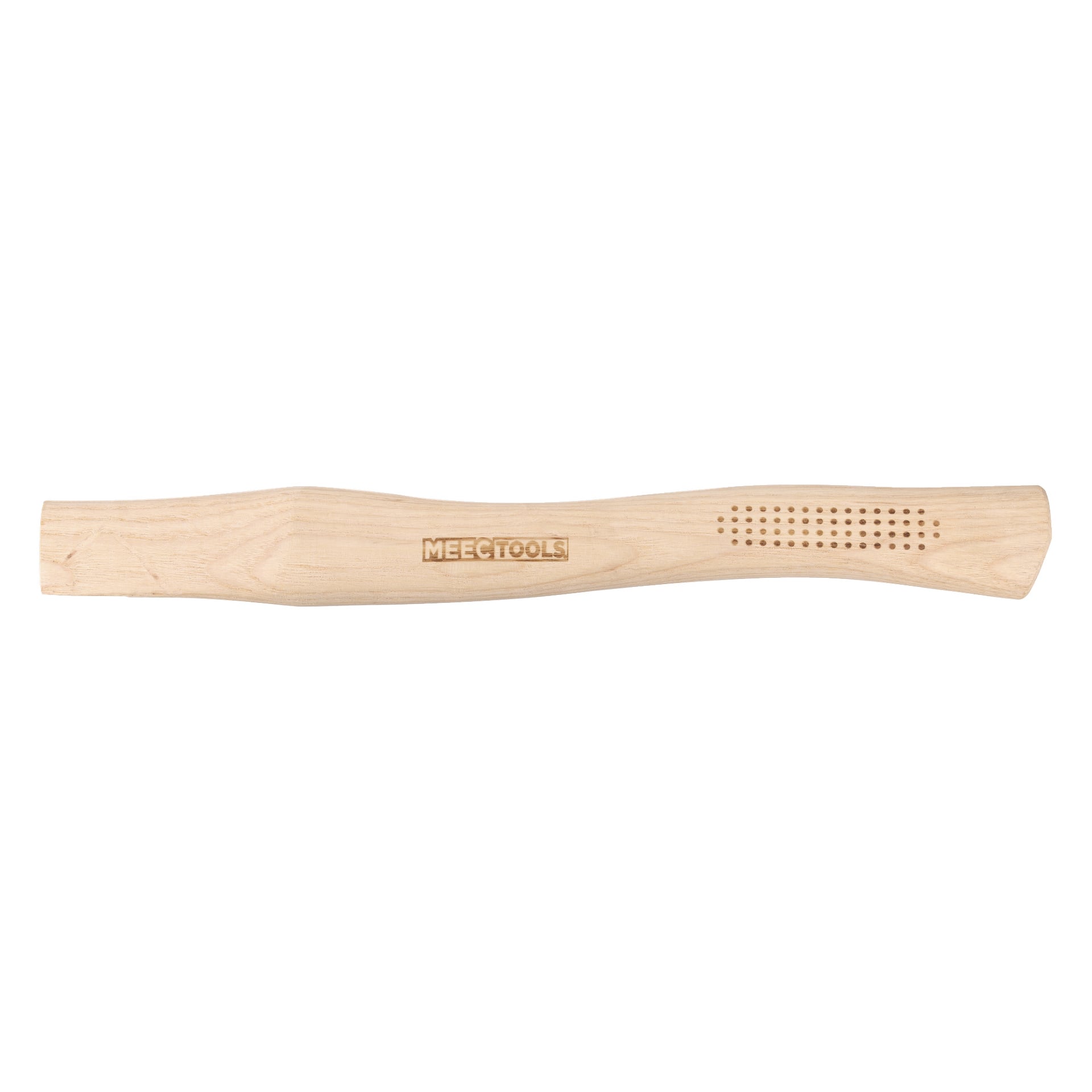 Ett blekt trähandtag med MEETOOLS graverat i mitten och en rad små, jämnt fördelade hål i ena änden.