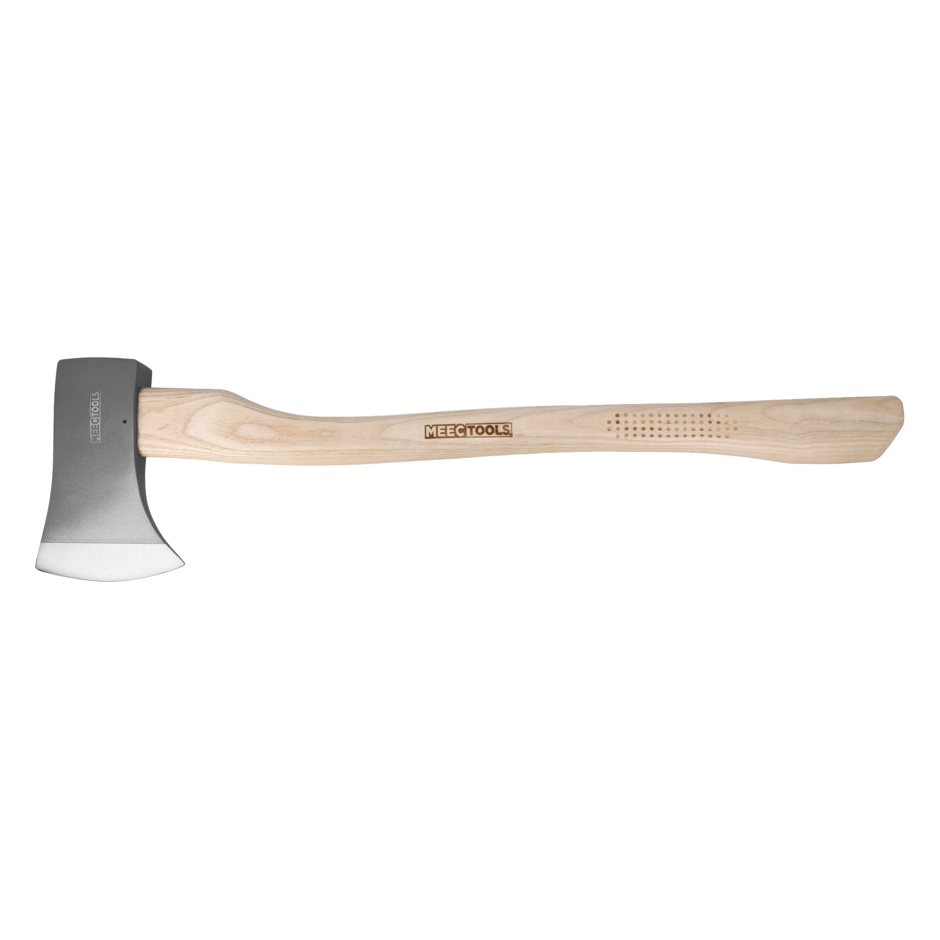 Ein Metallaxtkopf auf einem hellen Holzstiel mit einem Meec Tools-Logo und einem strukturierten Griff am Ende.