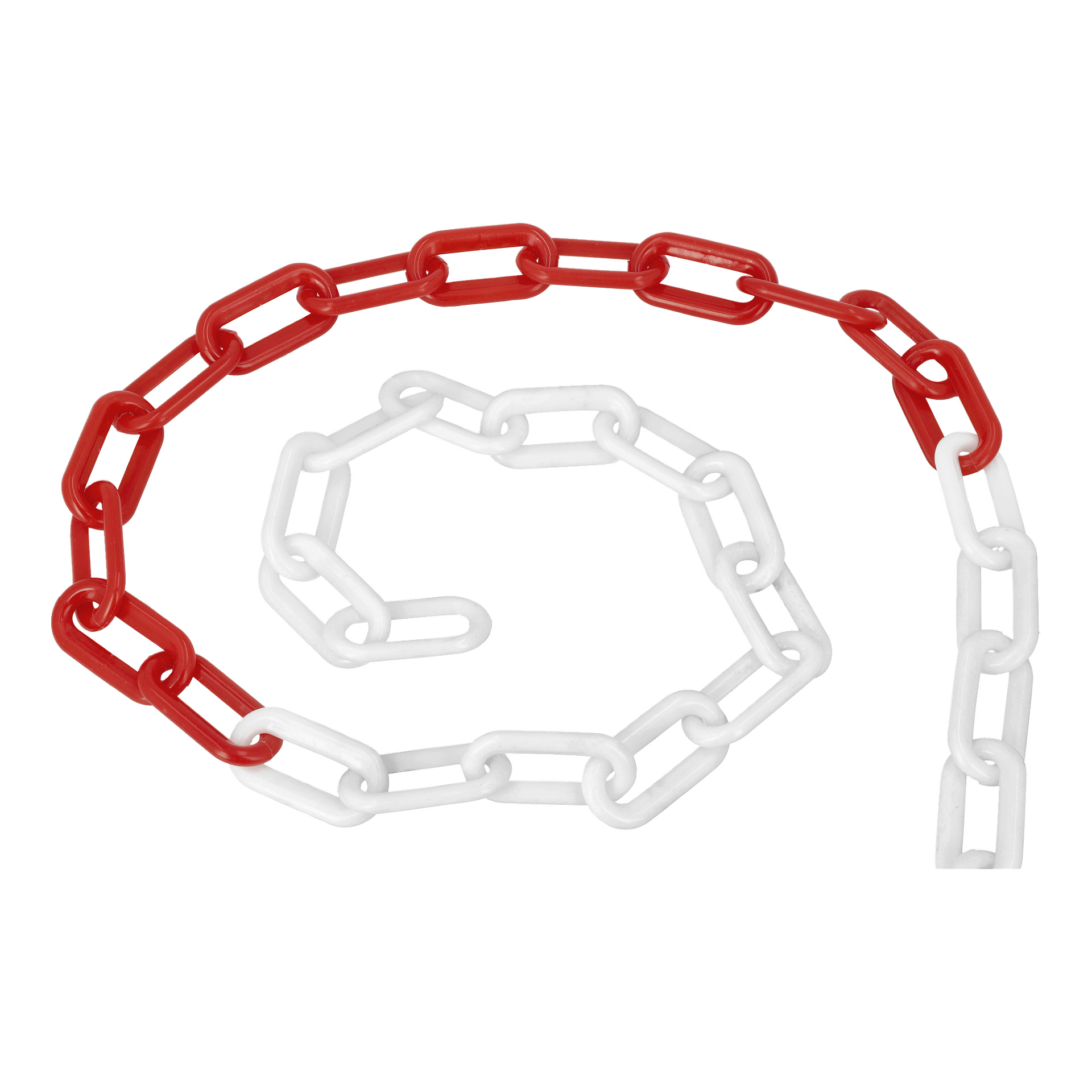 Muovinen ketju, jossa vuorottelevat punaiset ja valkoiset soikeat lenkit, on kierretty spiraaliin, jokainen lenkki lukittu.