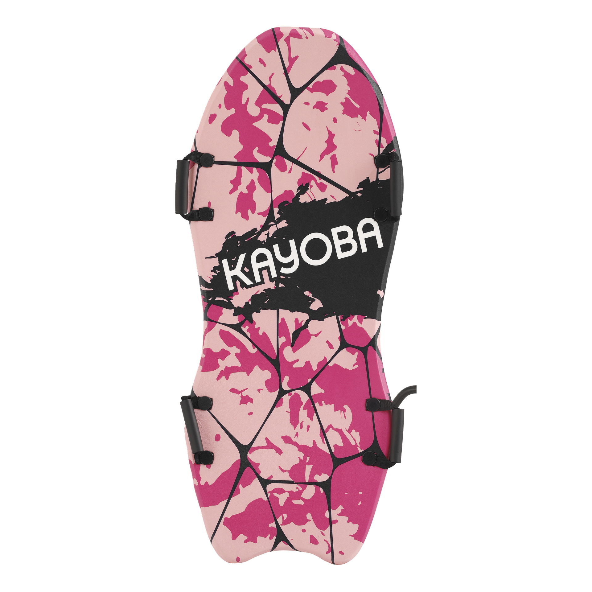 Rosa og svart skateboard med et sprukket abstrakt mønster og "KAYOBA" i hvitt, med svarte stropper på toppen og sidene.