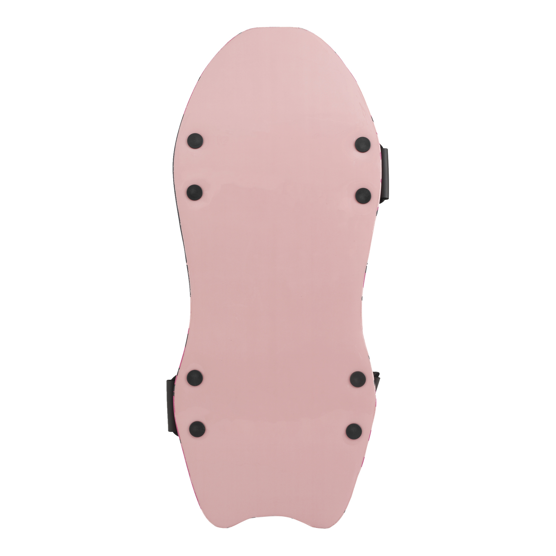 Undersidevisning av et rosa skateboarddekk, med åtte svarte bolter og uten hjul eller grafikk.