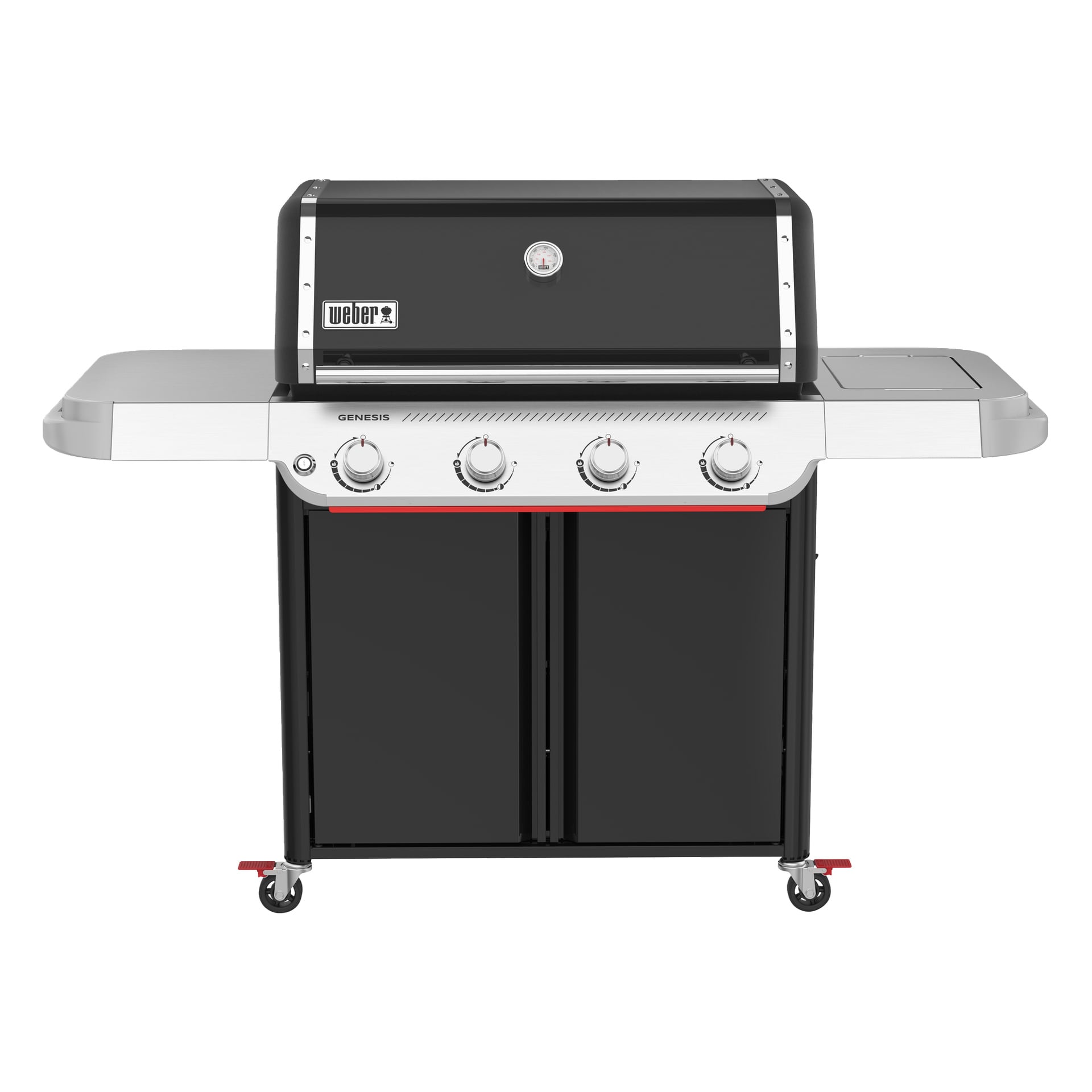 Musta ja hopeinen Weber Genesis -kaasugrilli, jossa on neljä nuppia, kannellinen lämpömittari, sivuhyllyt, alla oleva säilytyskaappi ja pyörät.