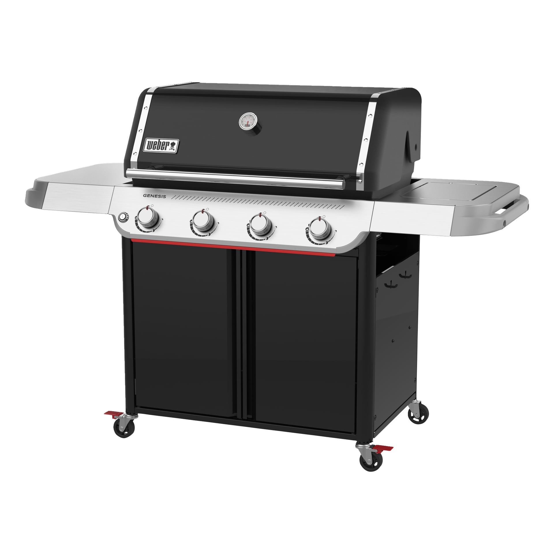 Musta ja hopea Weber Genesis -kaasuritilä, jossa on neljä nuppia, kansilämpömittari, sivuhyllyt, alempi säilytyskaappi ja pyörät.