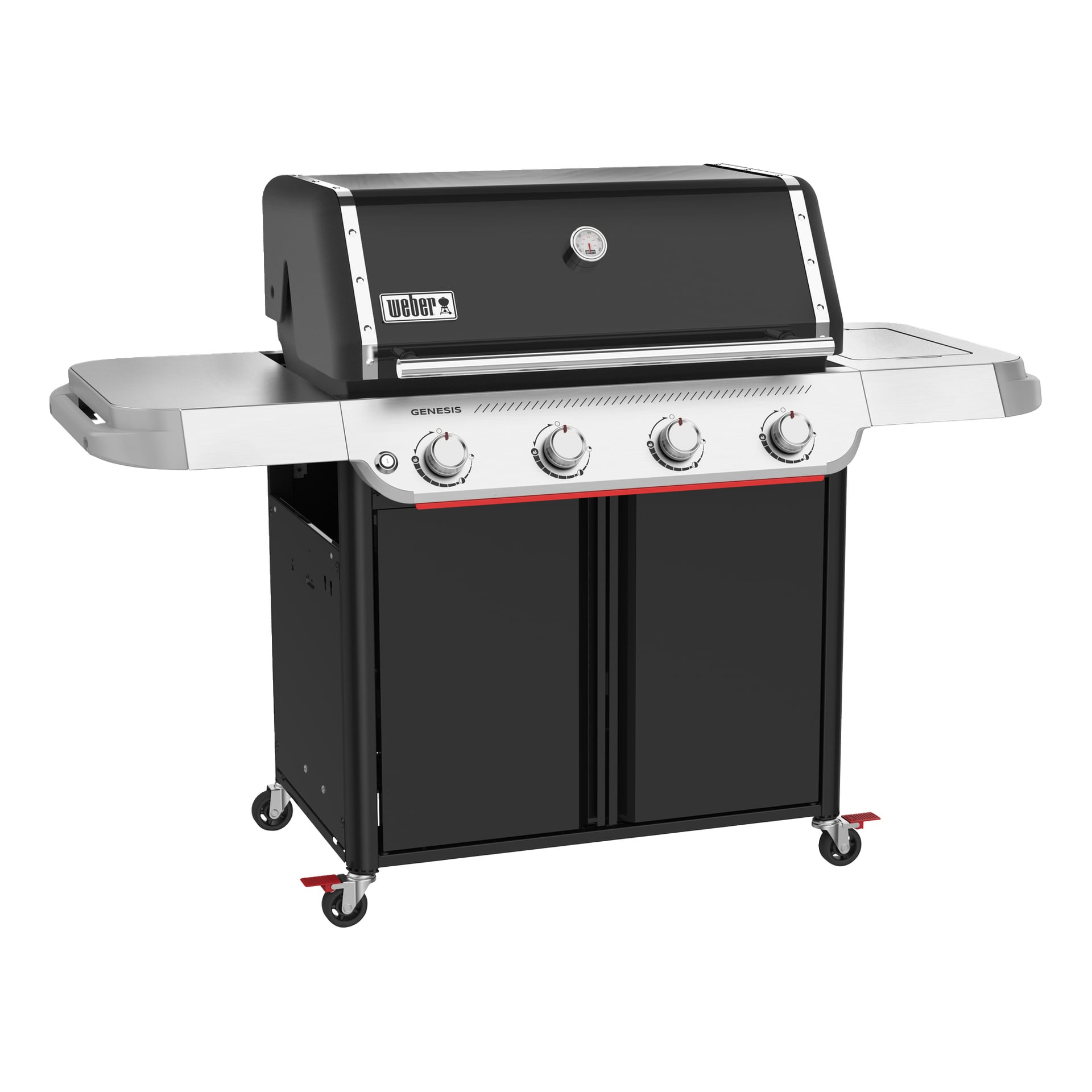 Musta ja hopea Weber Genesis -kaasuritilä, jossa on neljä nuppia, kaksi sivuhyllyä, kansilämpömittari, kaappisäilytys ja pyöräpyörät.