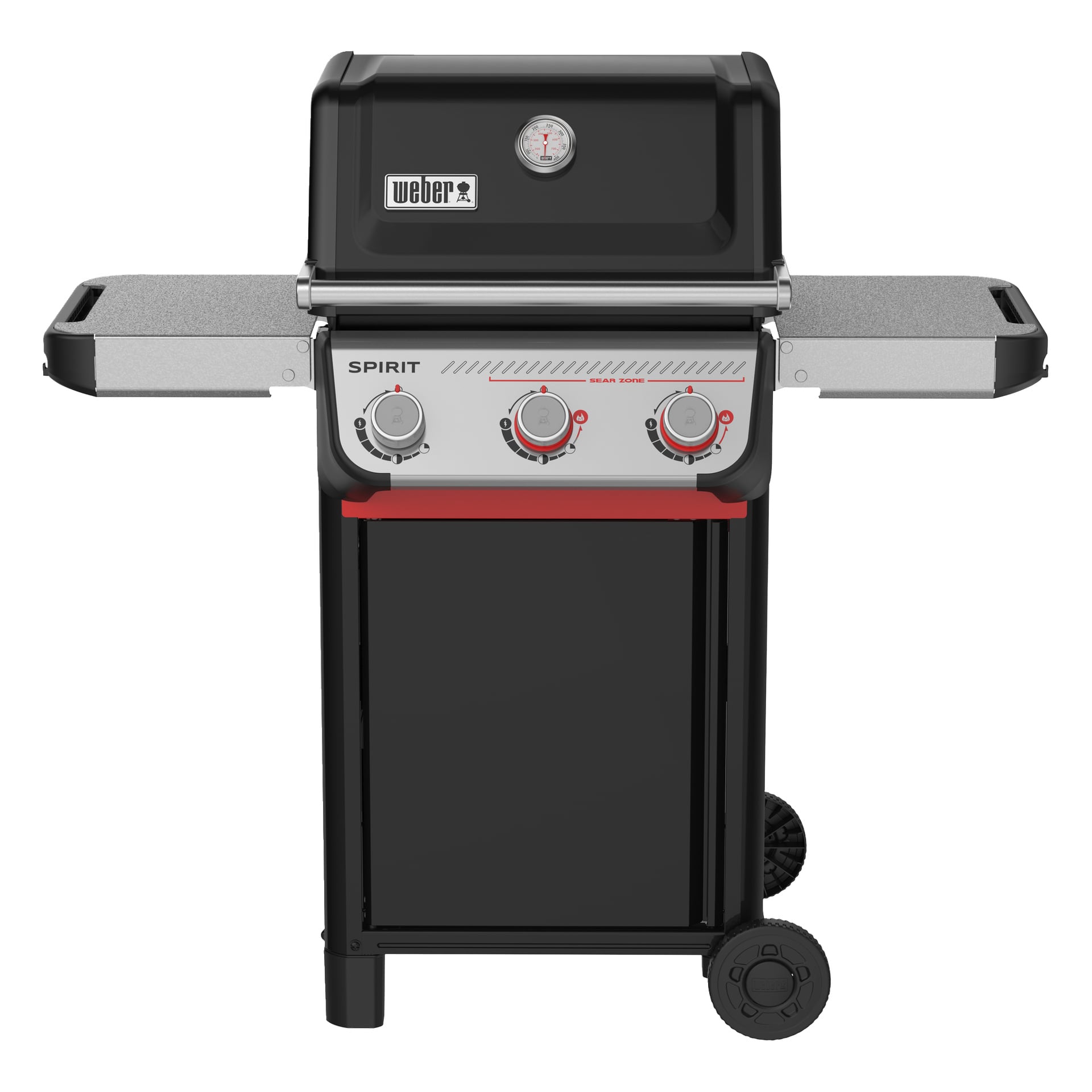 Musta ja hopeinen Weber Spirit -kaasuritilä, jossa on kolme nuppia, kannen lämpötilamittari, kaksi sivuhyllyä ja kaksi oikeanpuoleista pyörää.