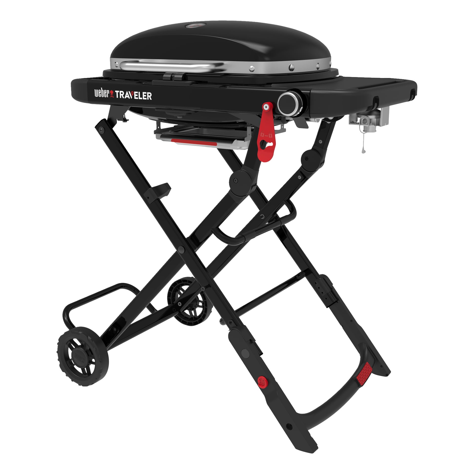 przenośny grill gazowy Weber Traveler z składanym stojakiem, kółkami, stolikiem bocznym i zatrzaskiem pokrywy do gotowania na zewnątrz.