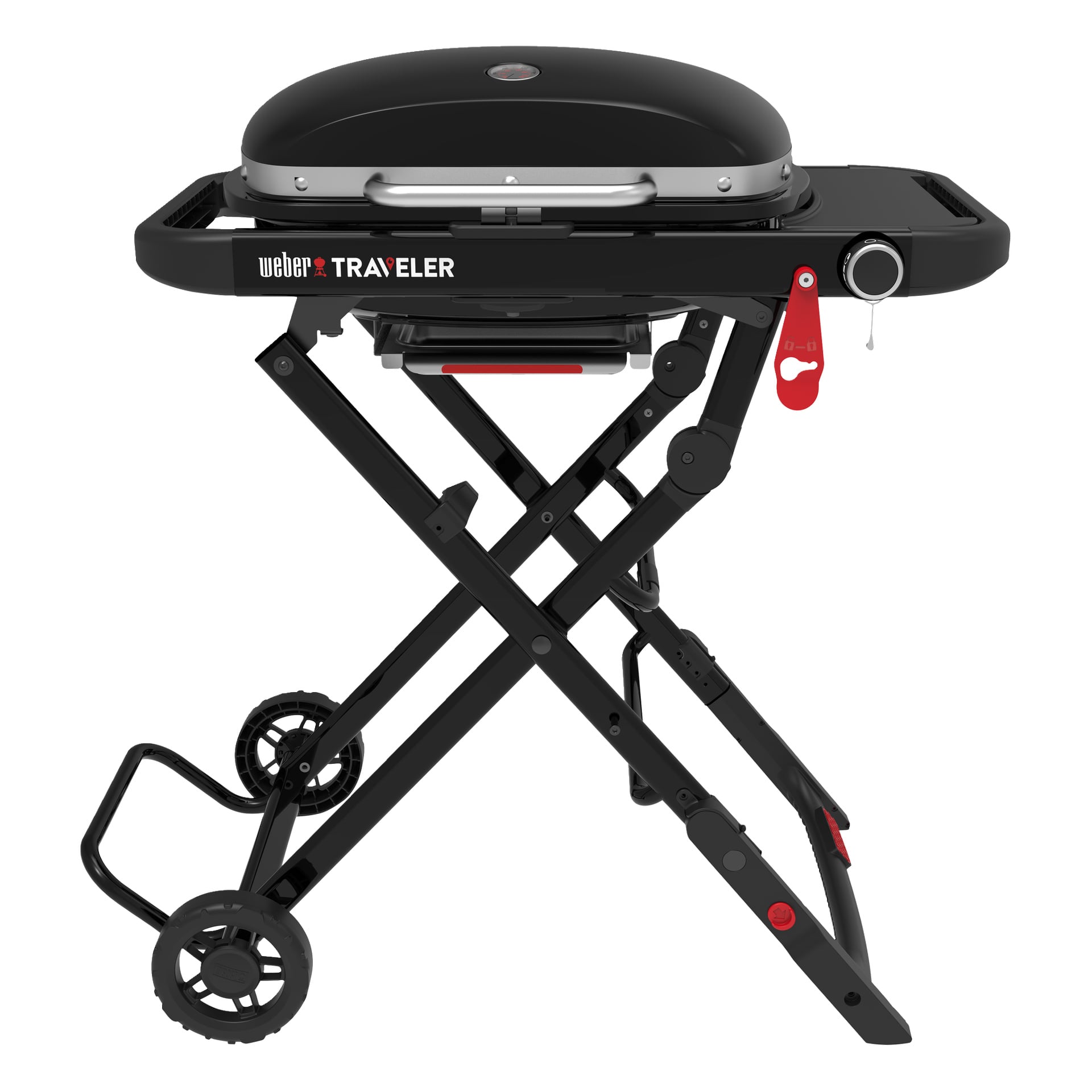 Przenośny grill gazowy Black Weber Traveler na składanym wózku z dwoma kółkami, uchwytem, zamkniętą pokrywą i termometrem.