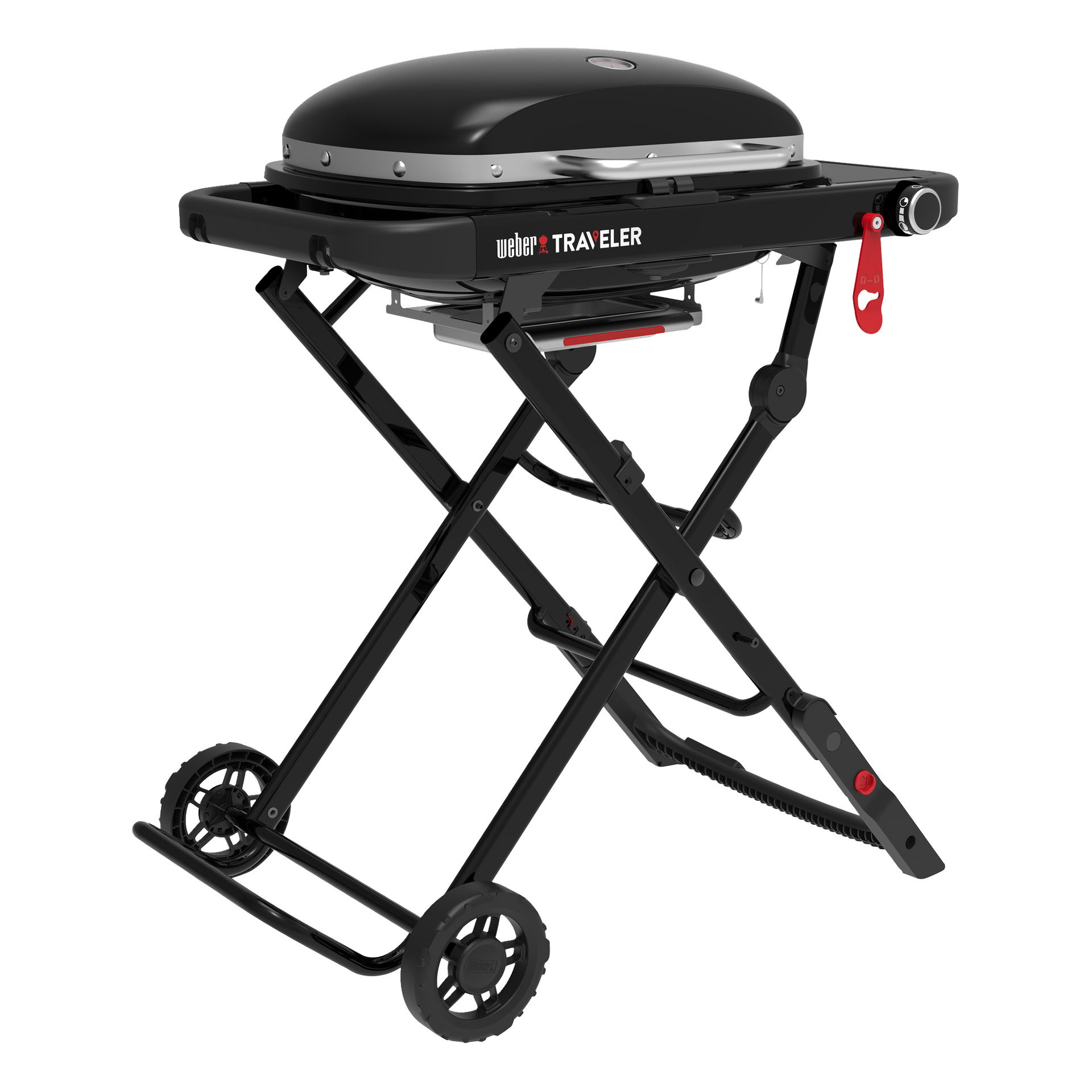 przenośny grill gazowy Weber Traveler z zamkniętą pokrywą, umieszczony na składanej ramie na kółkach, z uchwytem i czerwonym przyciskiem zapłonu.