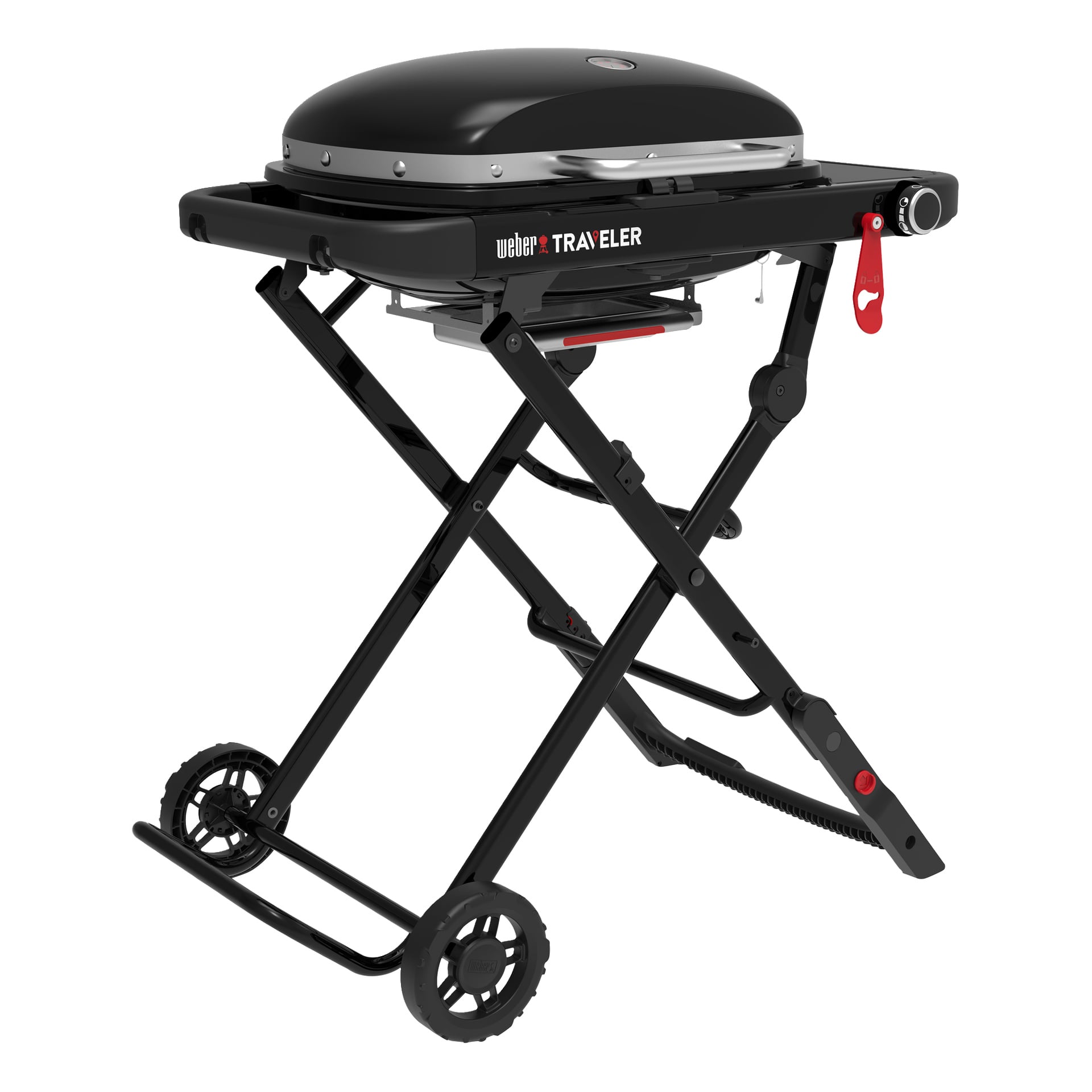przenośny grill gazowy Weber Traveler z zamkniętą pokrywą, umieszczony na składanej ramie na kółkach, z uchwytem i czerwonym przyciskiem zapłonu.