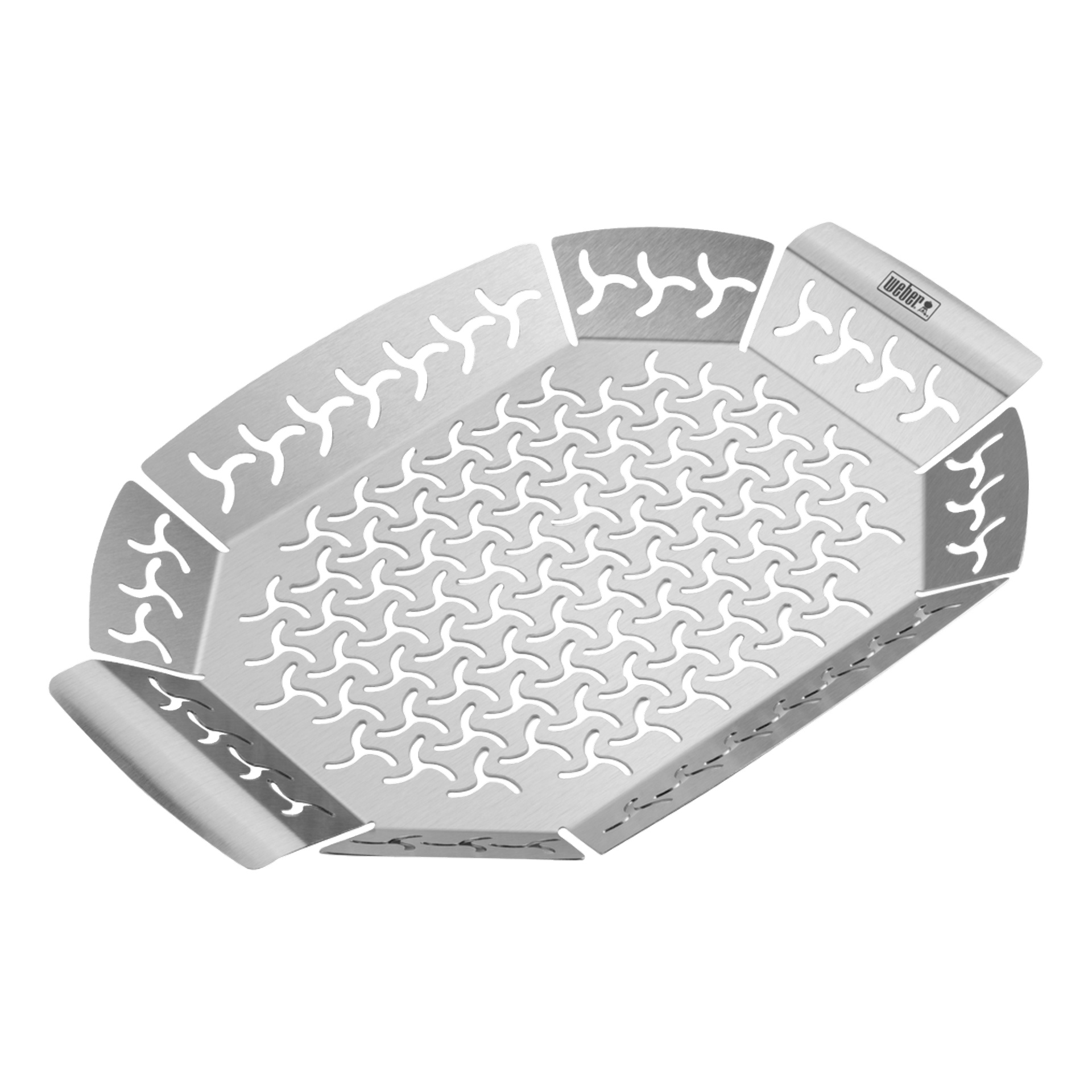 Ein Edelstahl-Grillkorb mit dekorativen Ausschnitten, schrägen Seiten und zwei integrierten Henkeln, von oben zu sehen.