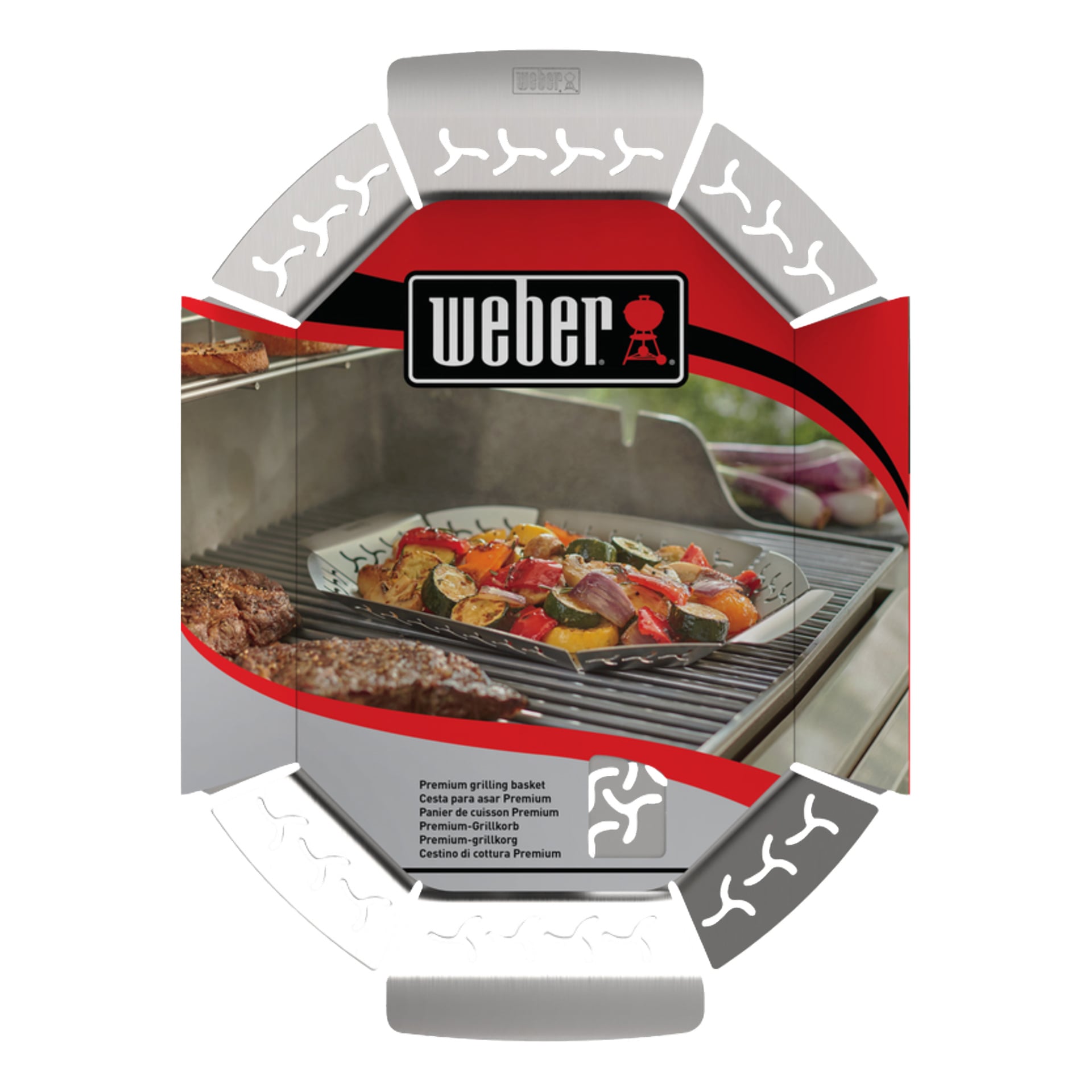 Ein Weber-Grillkorb mit gegrilltem Gemüse steht auf einem Grill neben Burgern. Die Verpackung zeigt das Weber-Logo und die Beschreibung.