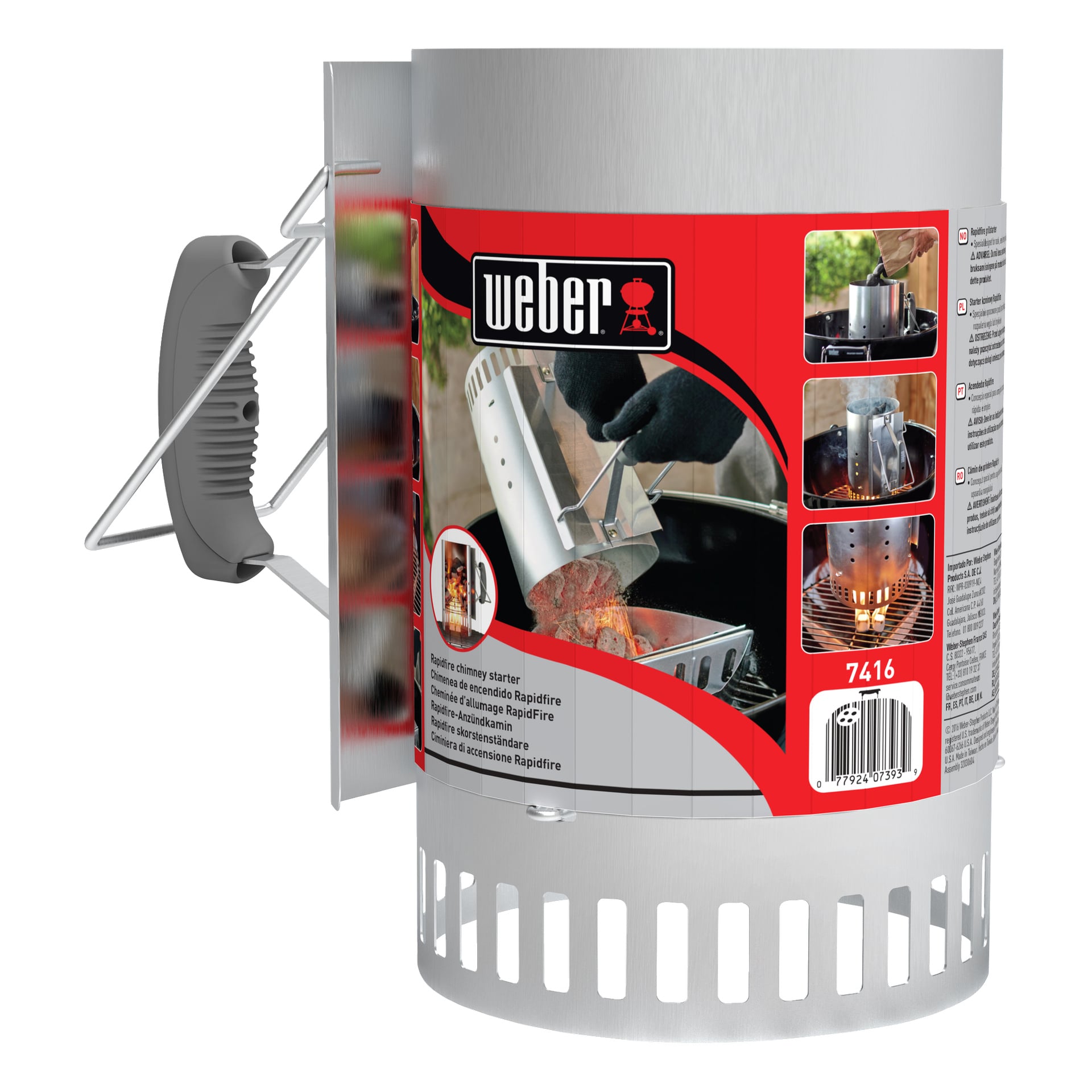 En silverfärgad Weber Rapidfire skorstensstarter med svart handtag och värmeskydd. Dess etikett visar instruktioner och bilder för att tända kol.
